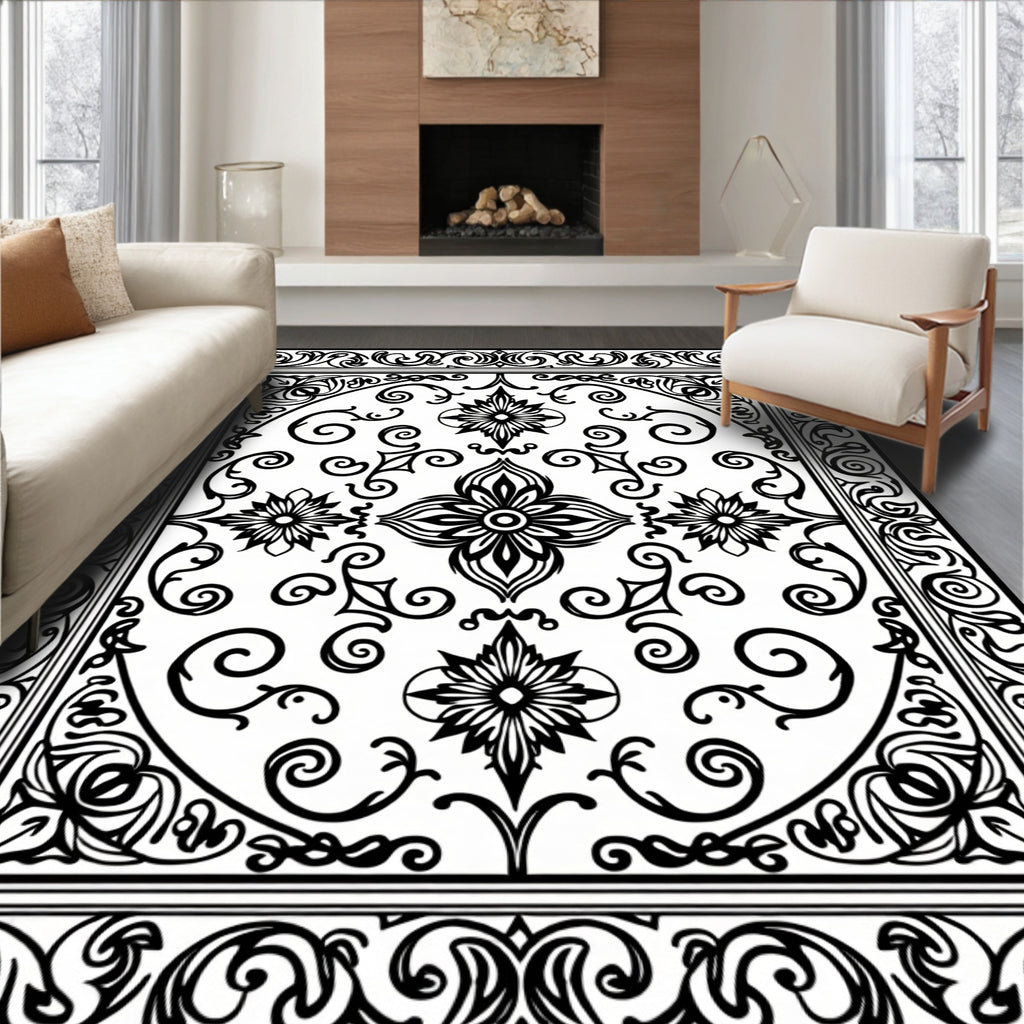Intricate Floral Scrollwork Black White Design Rug