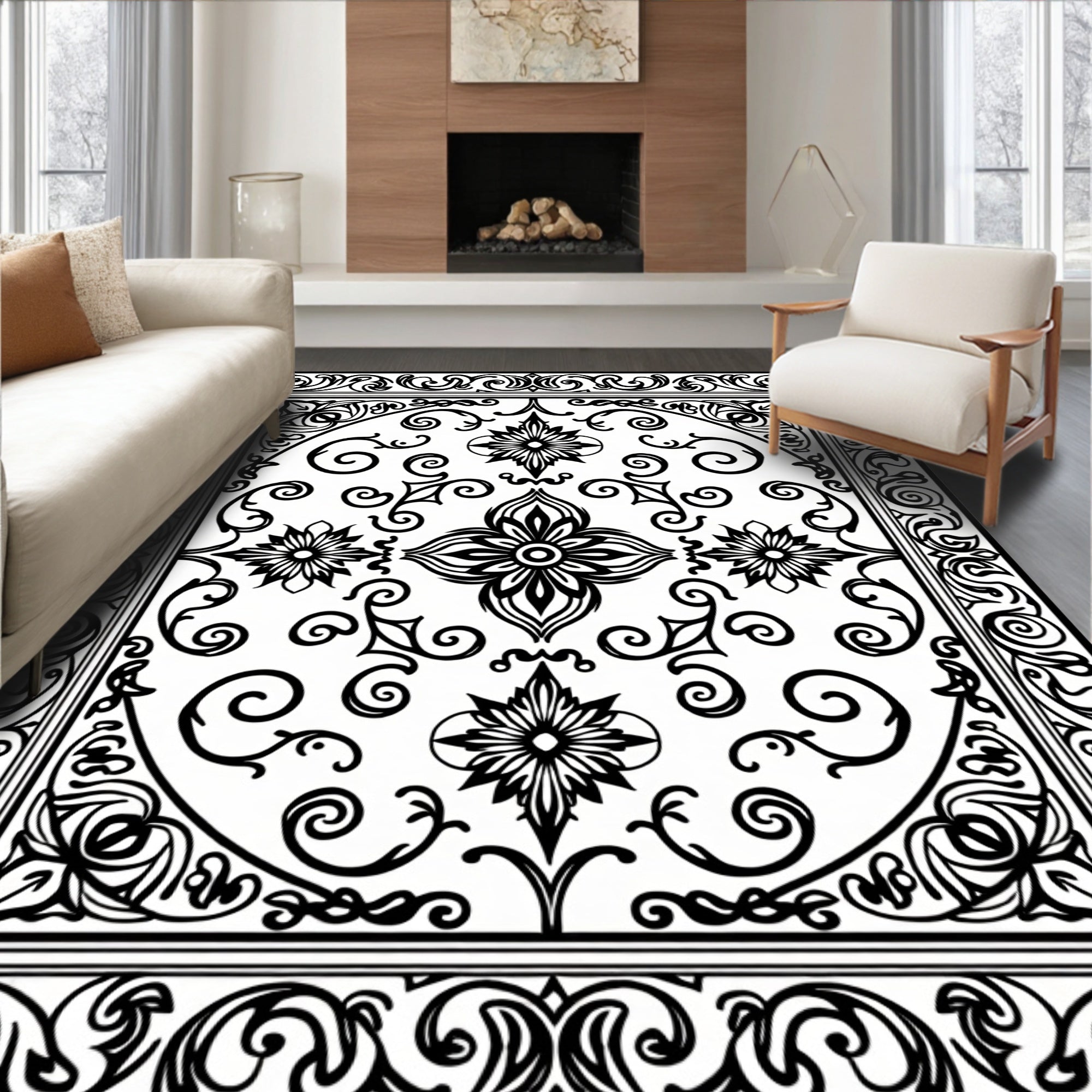 Intricate Floral Scrollwork Black White Design Rug