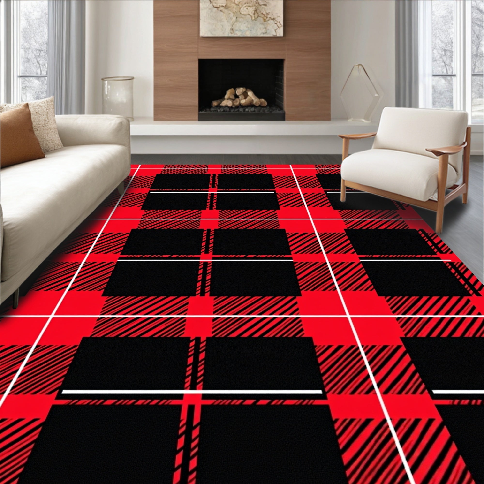 Bold Red Black Plaid Pattern Rug