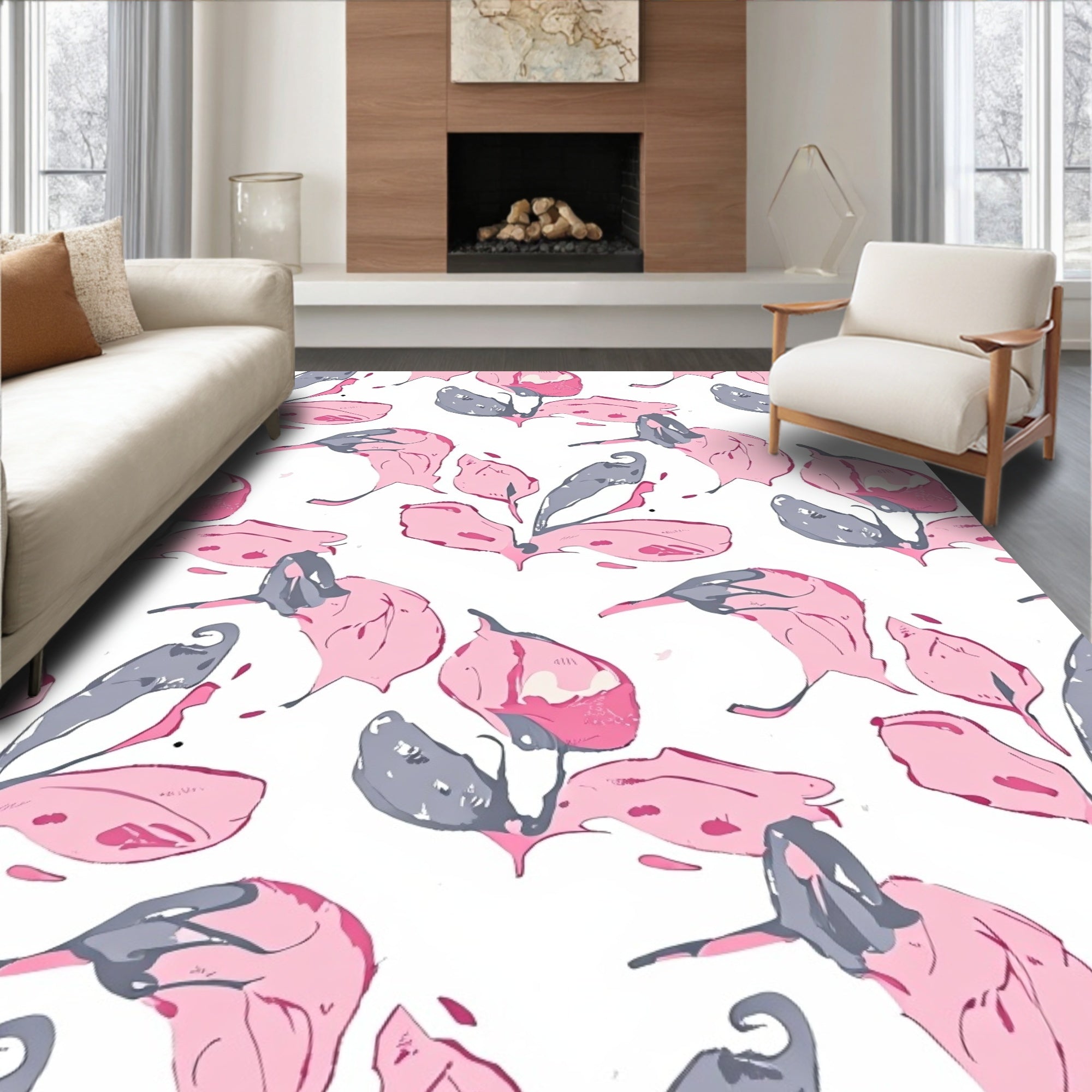 Abstract Floral Pink Grey Design Rug