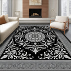 Intricate Floral Medallion Black White Rug