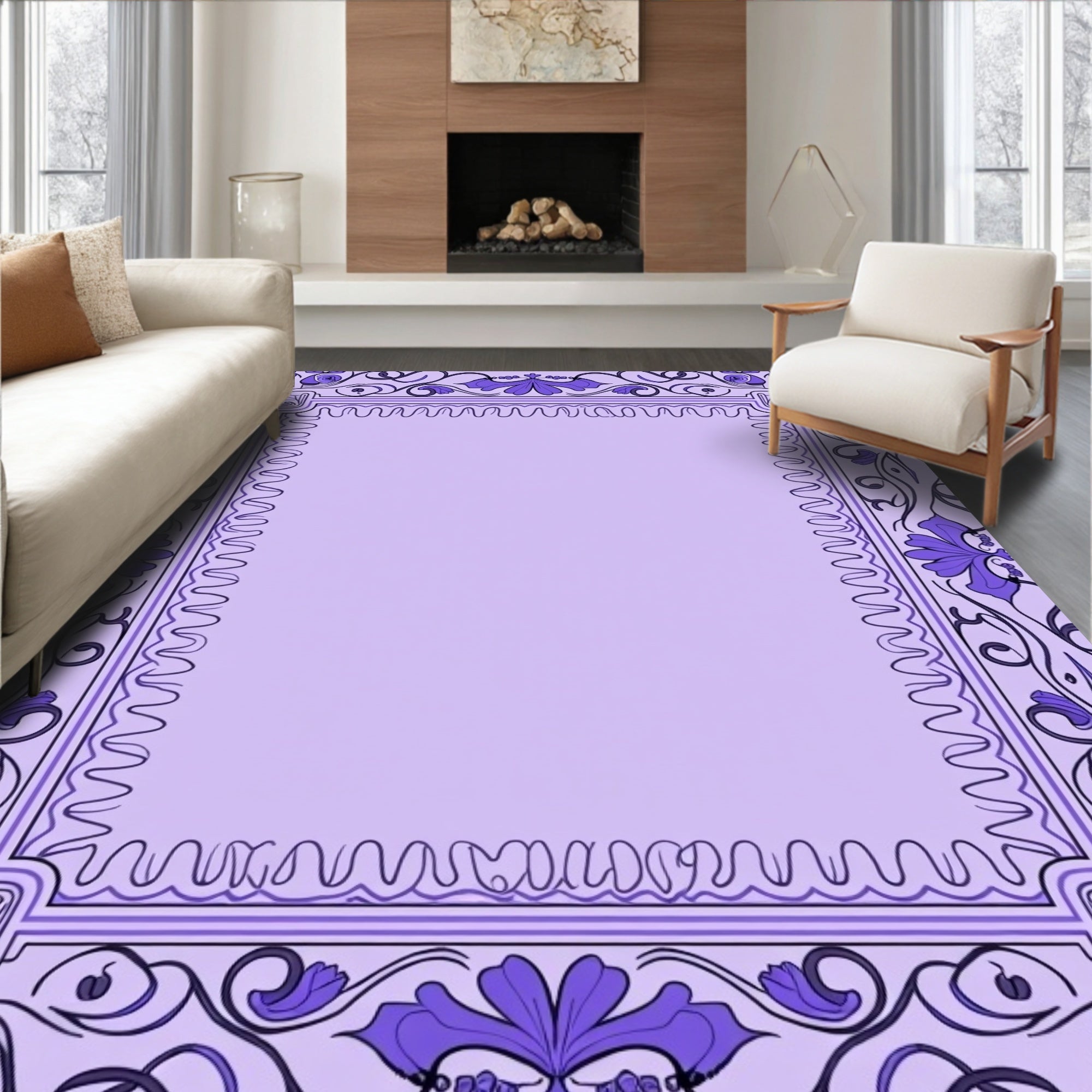 Ornate Purple Floral Botanical Design Rug