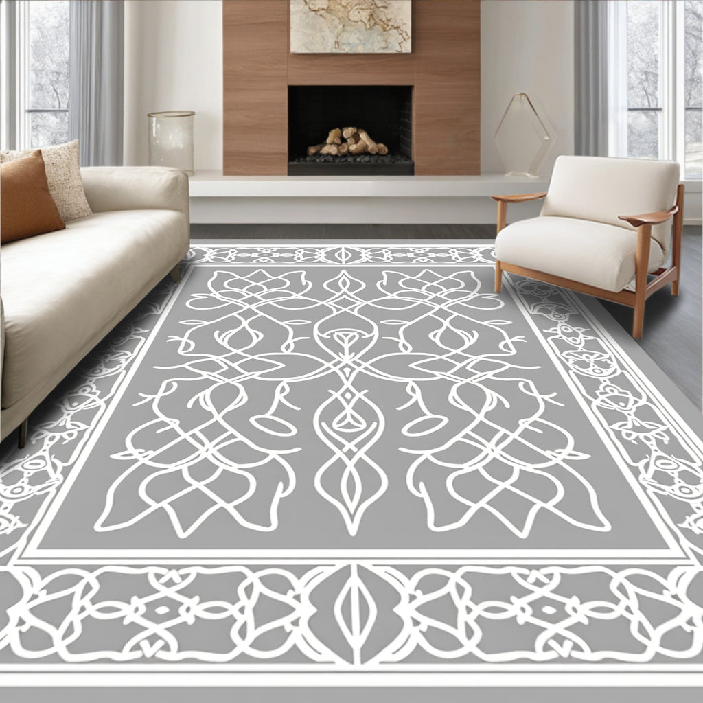 Intricate Floral Scrollwork White Design Rug