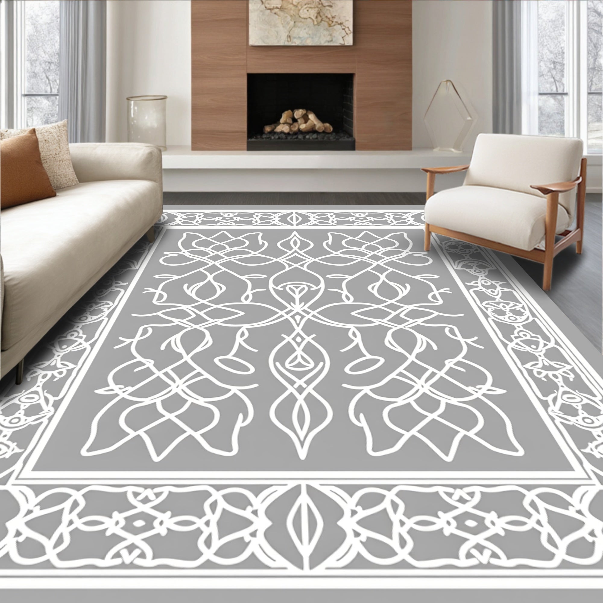 Intricate Floral Scrollwork White Design Rug