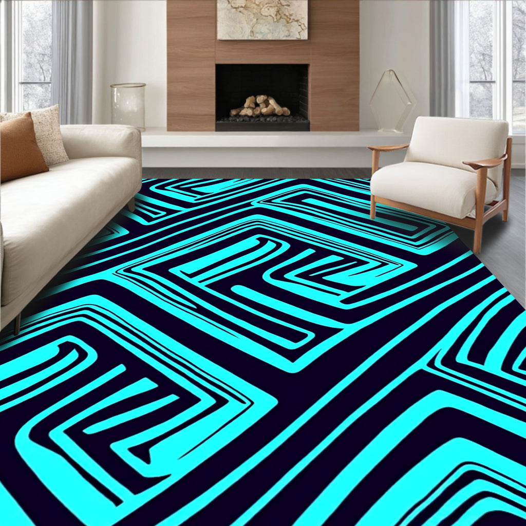 Abstract Teal Geometric Maze Pattern Rug