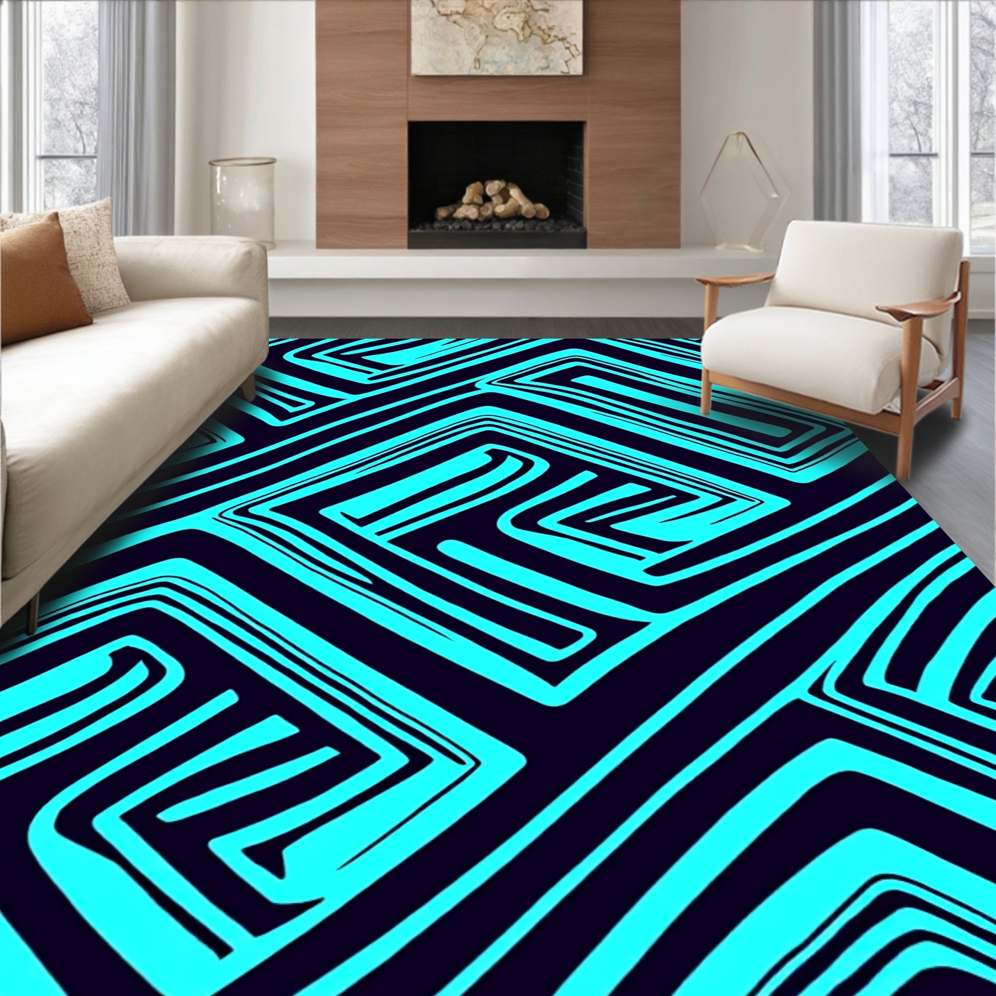 Abstract Teal Geometric Maze Pattern Rug
