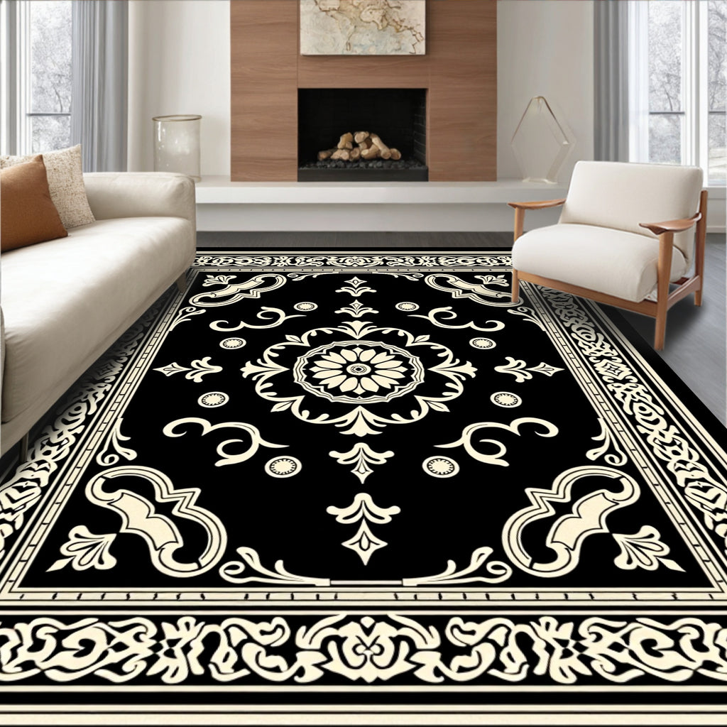 Elegant Black Cream Scroll Rug