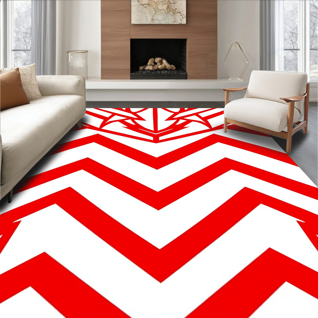 Bold Red Abstract Zigzag Lines Rug