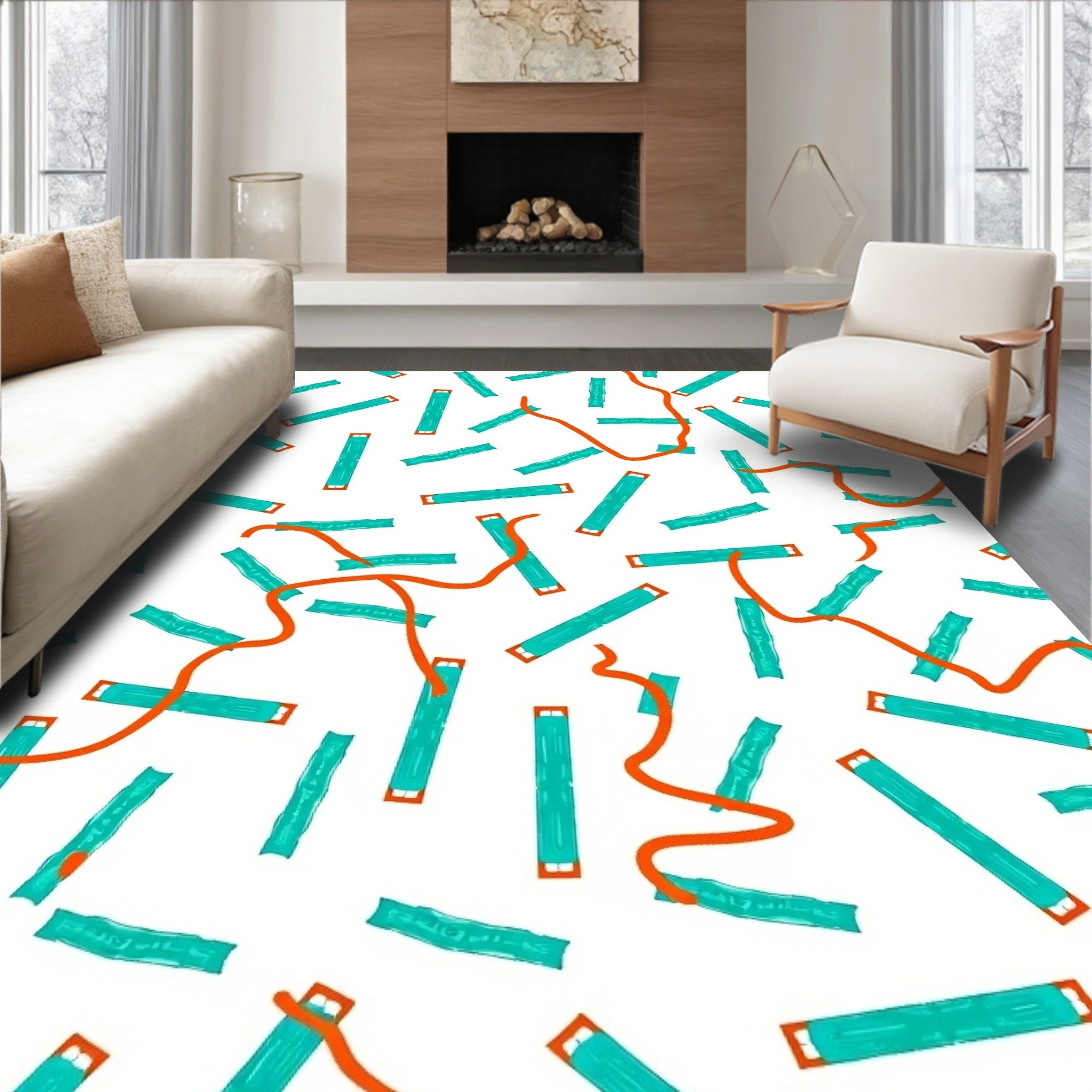 Abstract Teal Orange Stick Pattern Rug