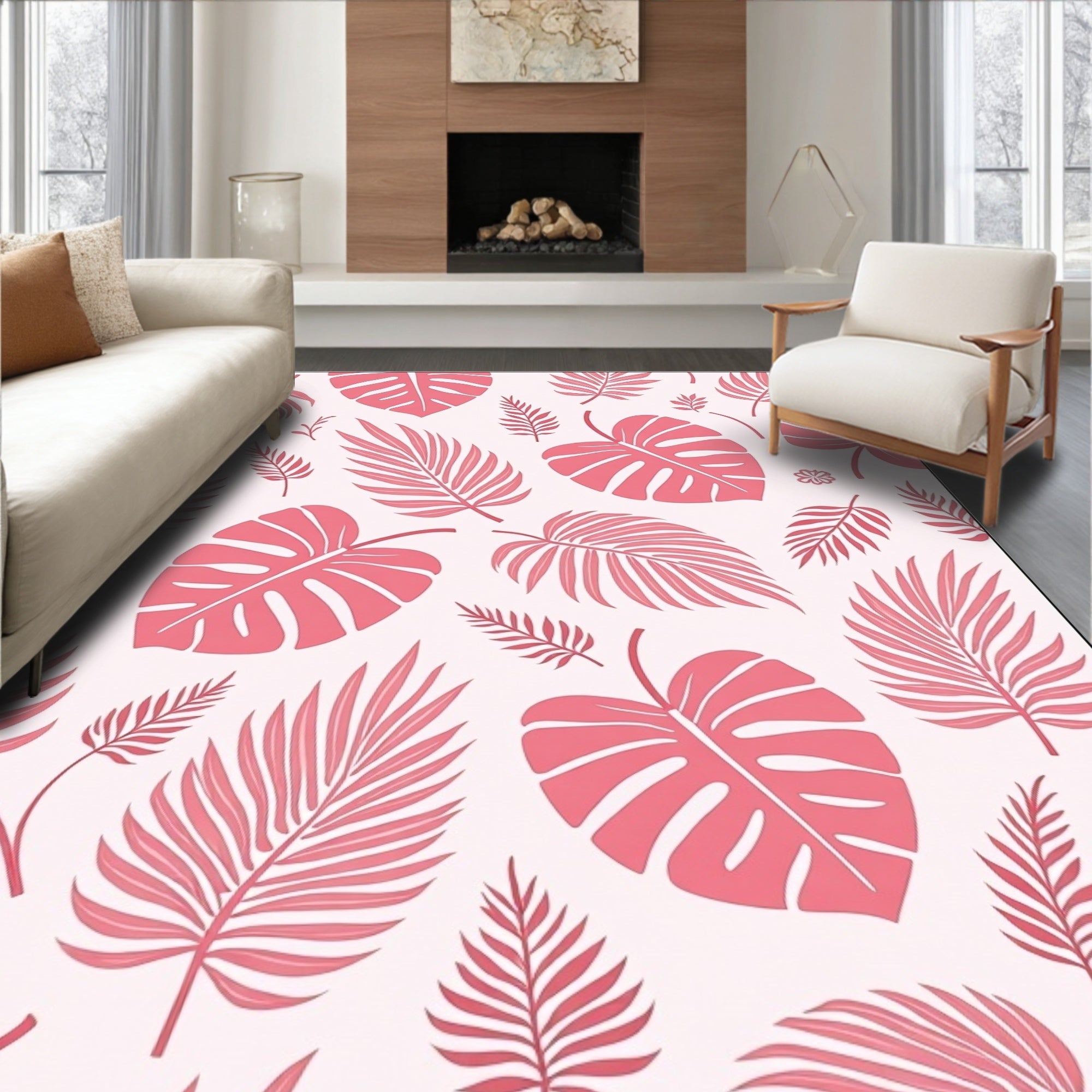 Tropical Leaf Pattern Pink Flora Design Rug