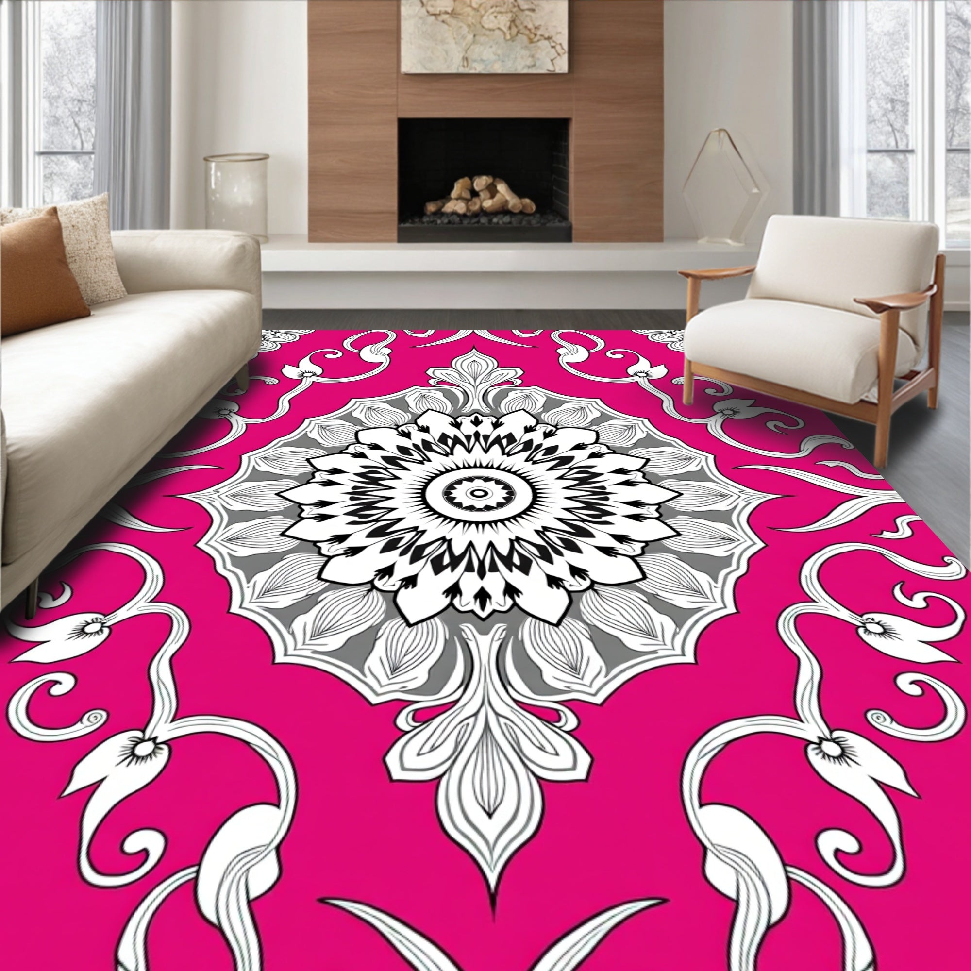 Vibrant Pink Mandala Floral Scroll Rug