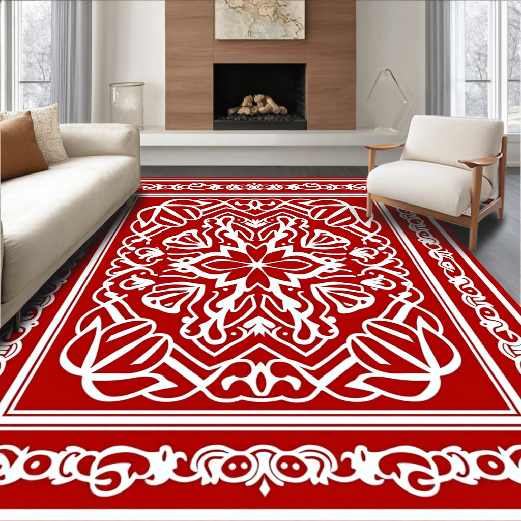 Intricate White Floral Red Pattern Rug