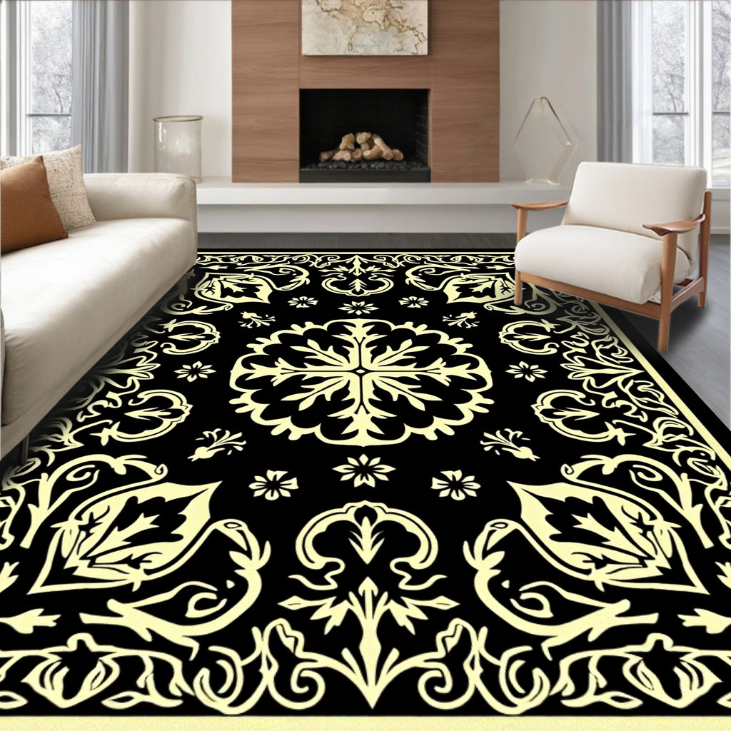 Ornate Black Yellow Floral Design Rug