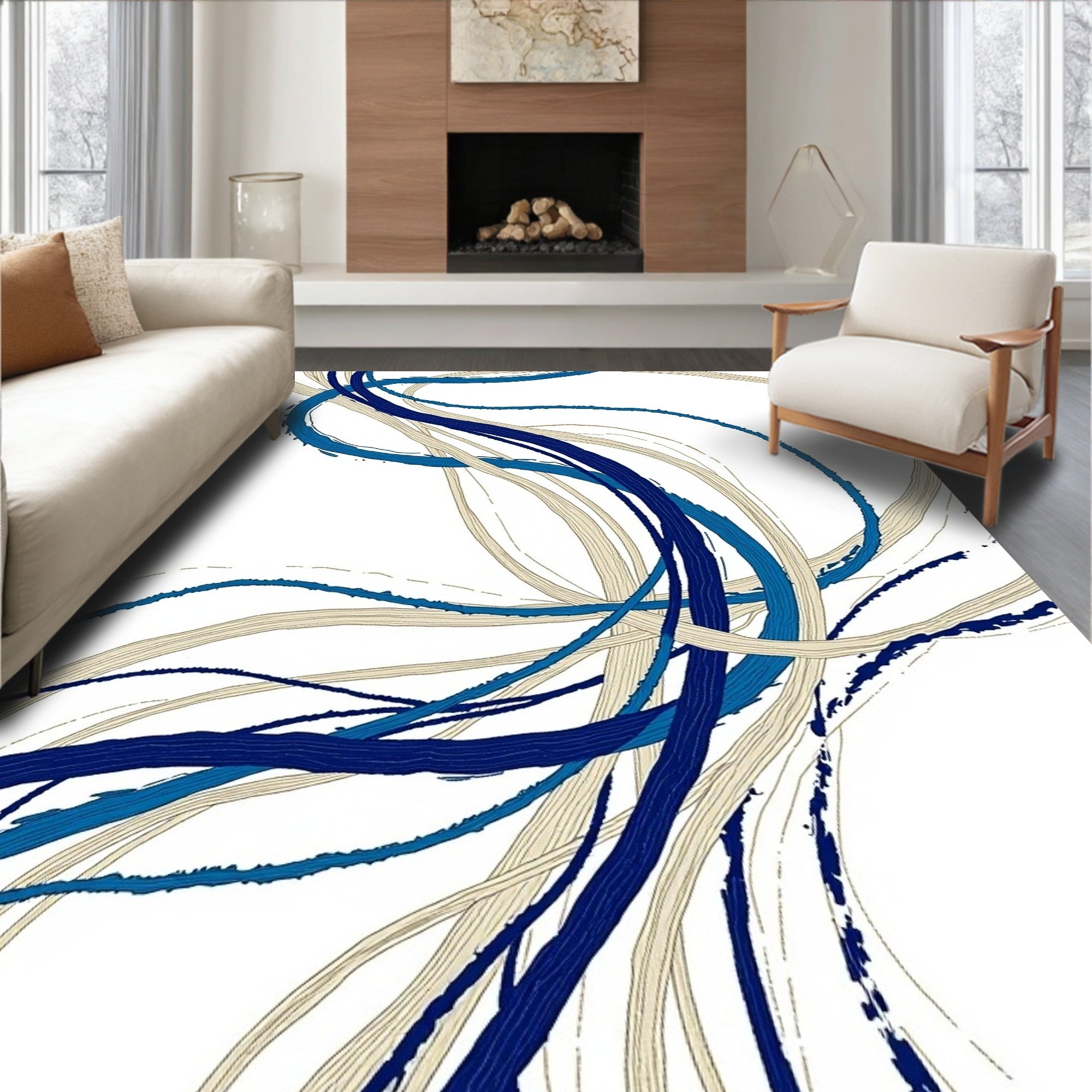 Abstract Blue Tan Swirl Pattern Rug