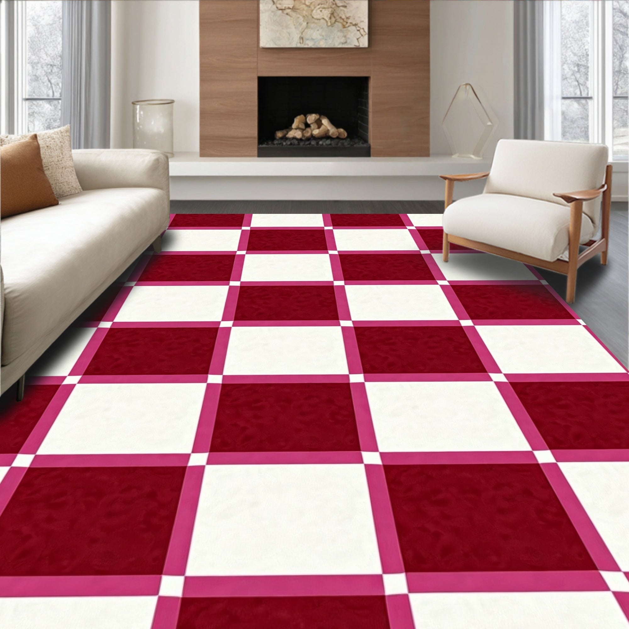 Classic Red White Checkerboard Pattern Rug
