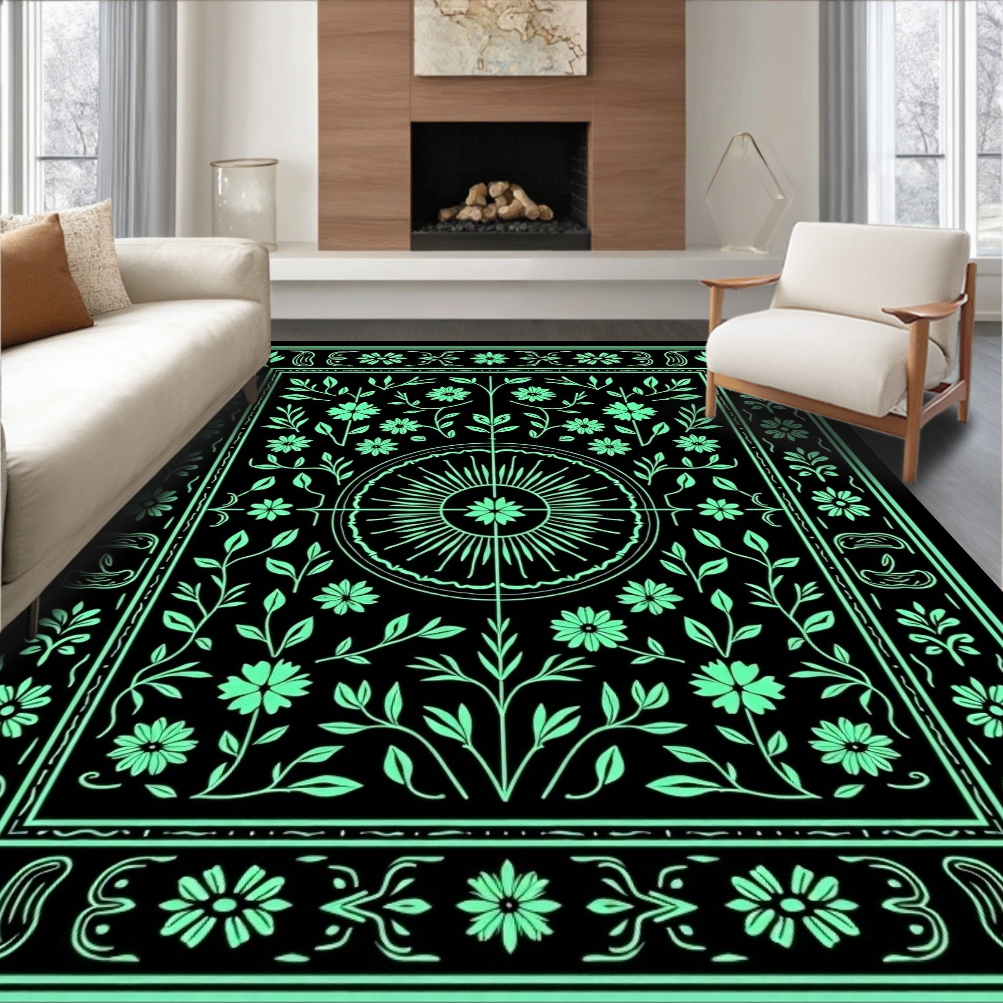 Mint Green Floral Vines Mandala Rug