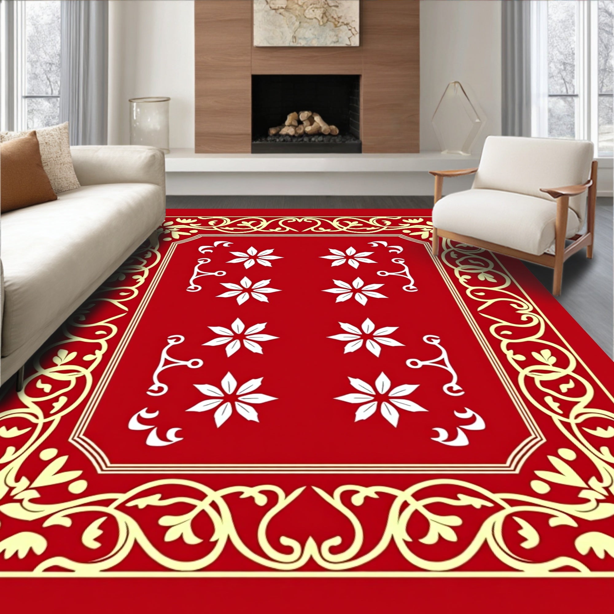 Red Floral Border Design Rug