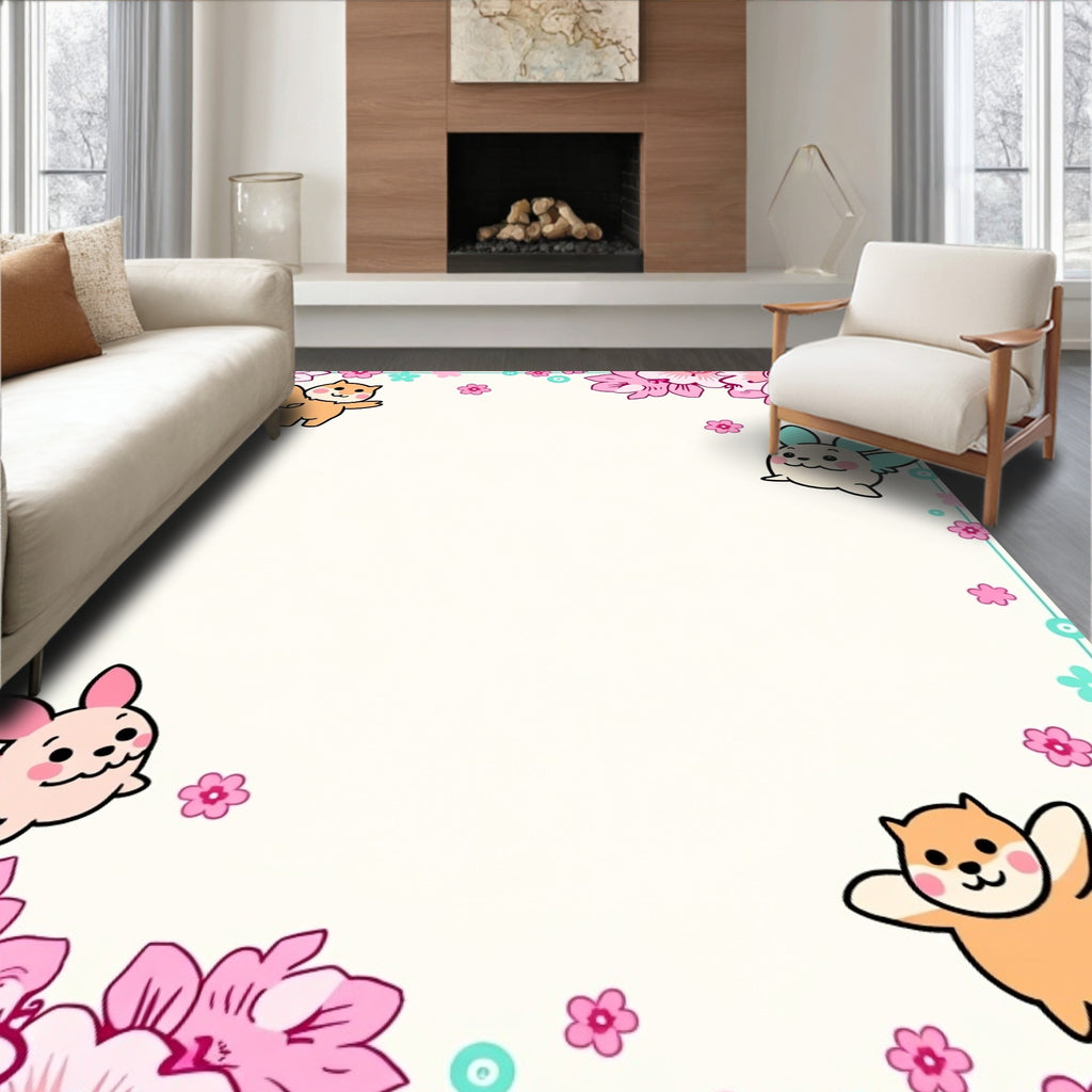 Cute Animal Floral Pink Accent Rug