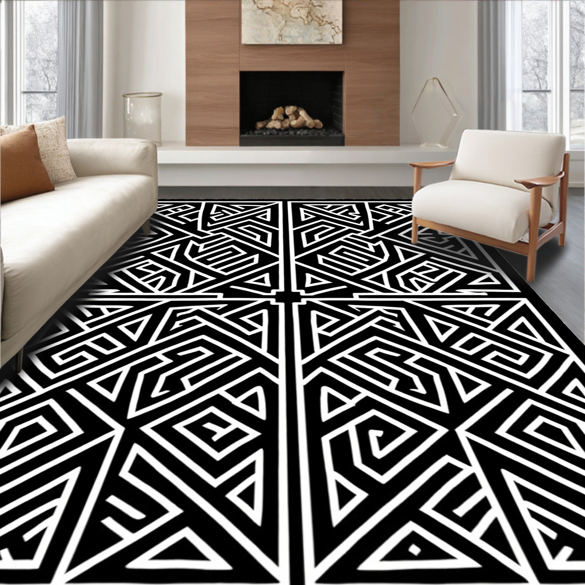 Black White Geometric Maze Pattern Rug