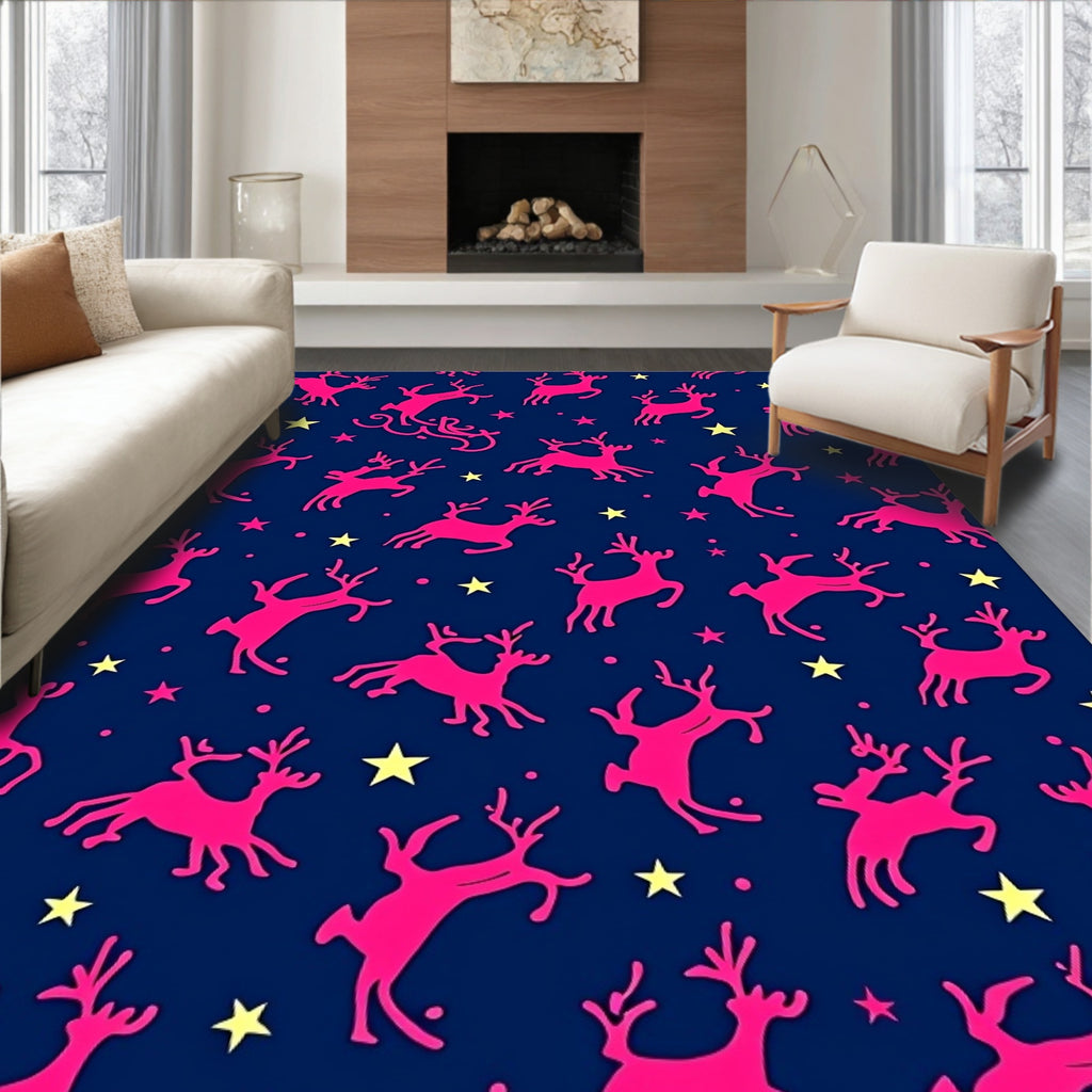 Pink Reindeer Yellow Stars Navy Background Rug