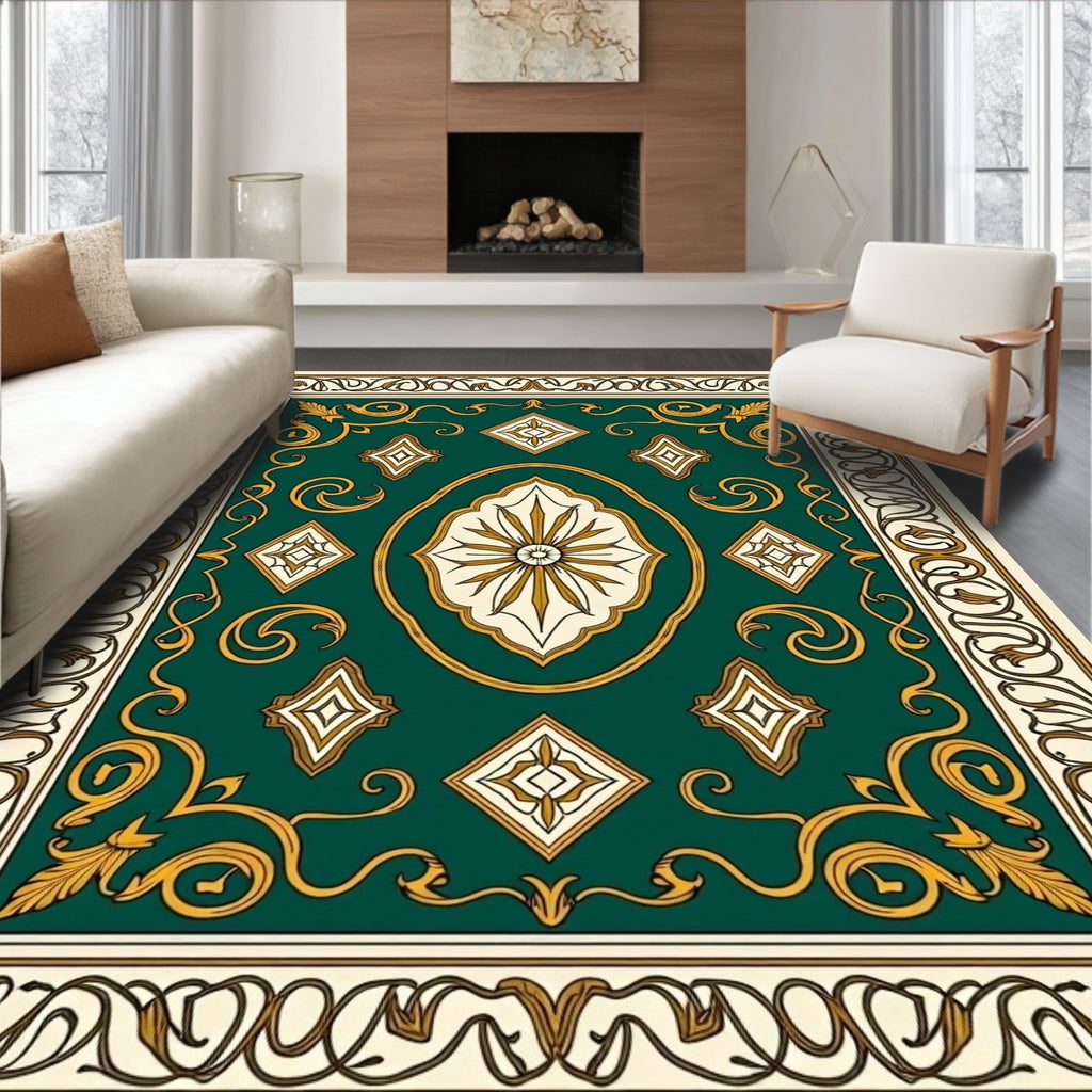 Ornate Teal Gold Scroll Pattern Rug