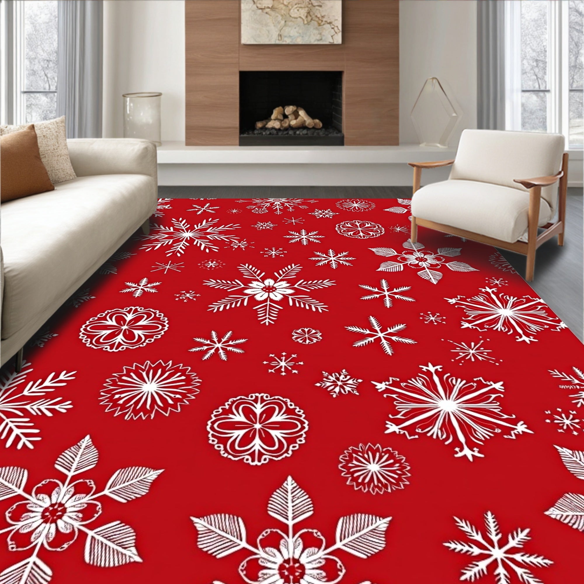 White Snowflakes Festive Pattern Rug