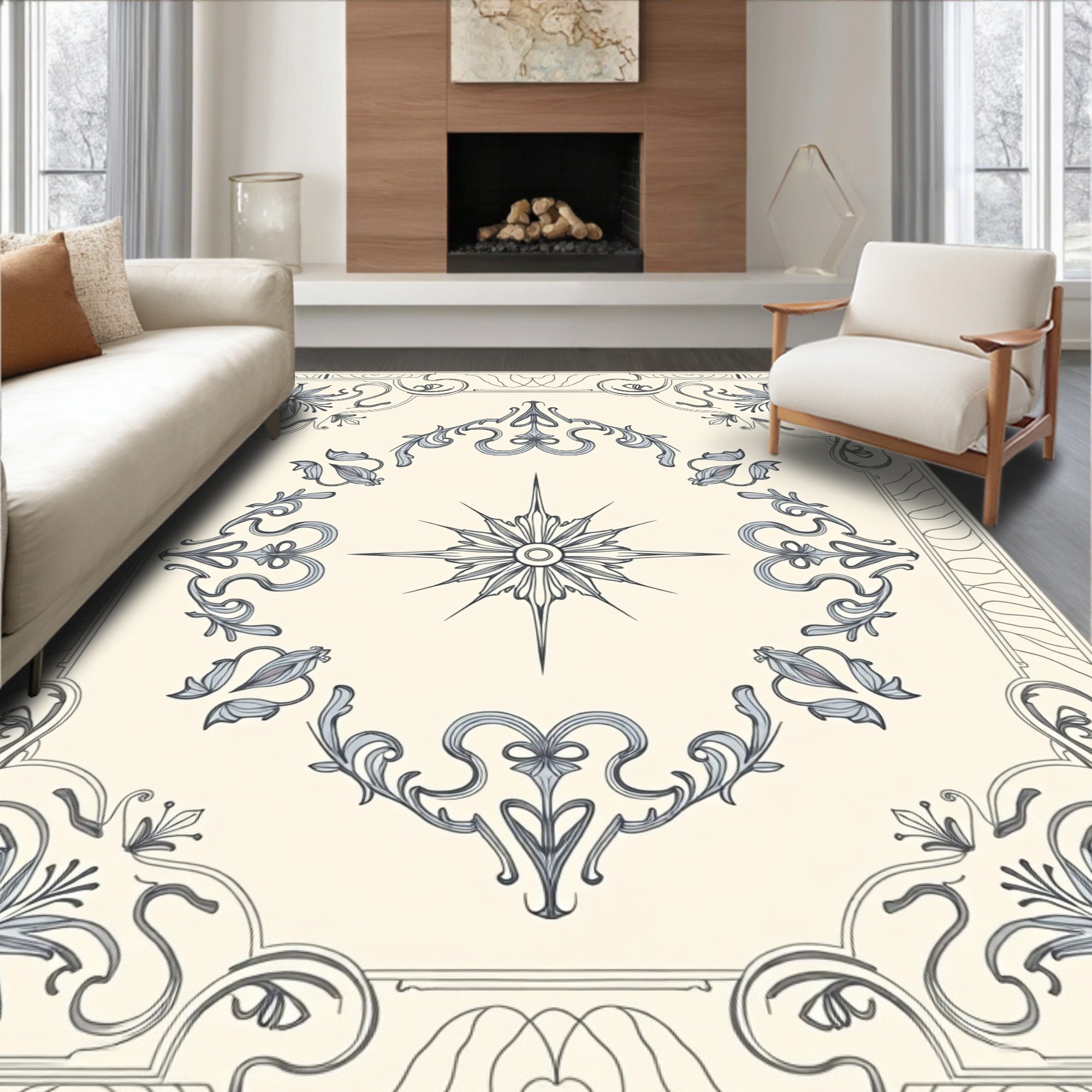 Ornate Floral Starburst Border Design Rug
