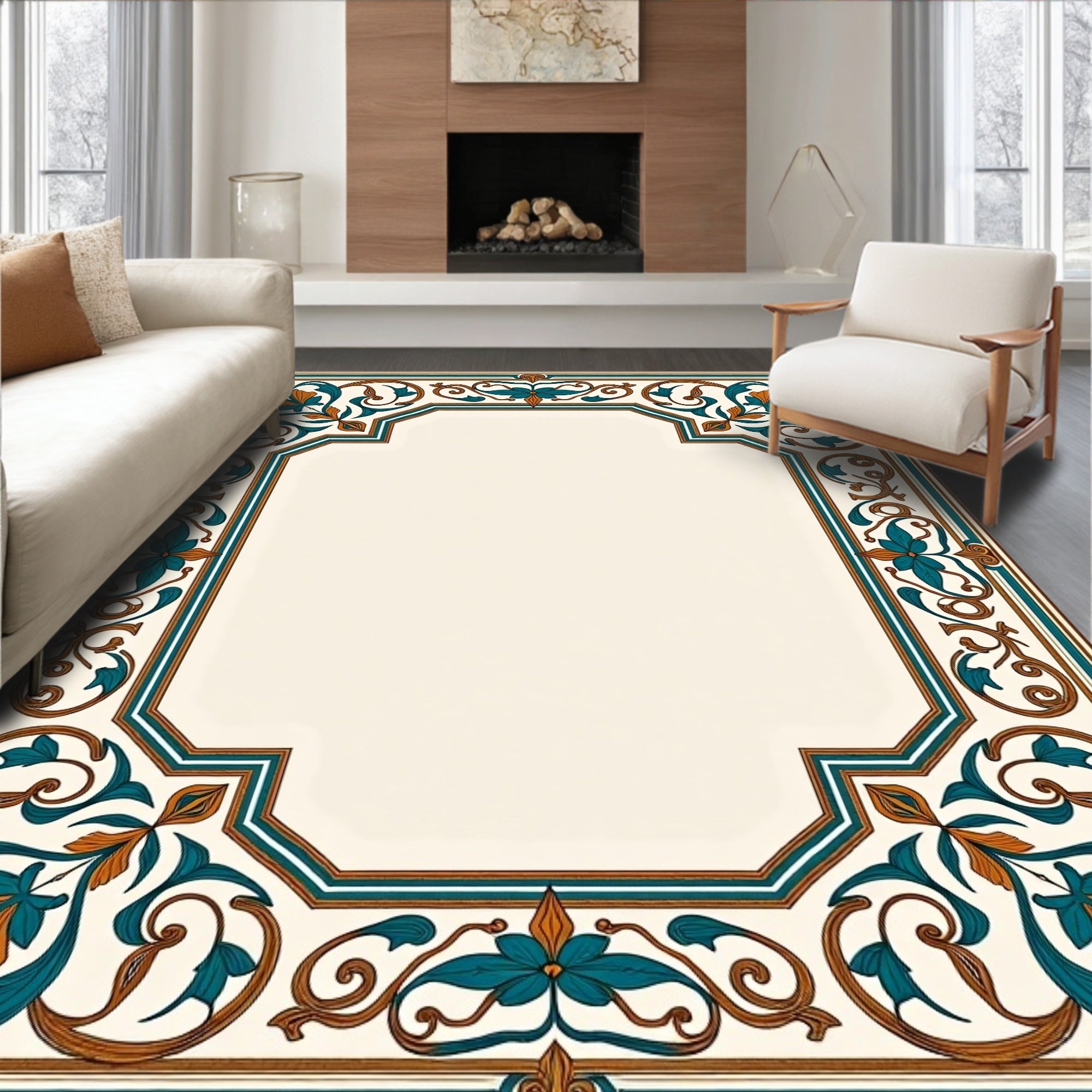 Ornate Floral Scrolls Border Design Rug