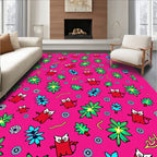 Whimsical Red Bird Floral Pattern Rug