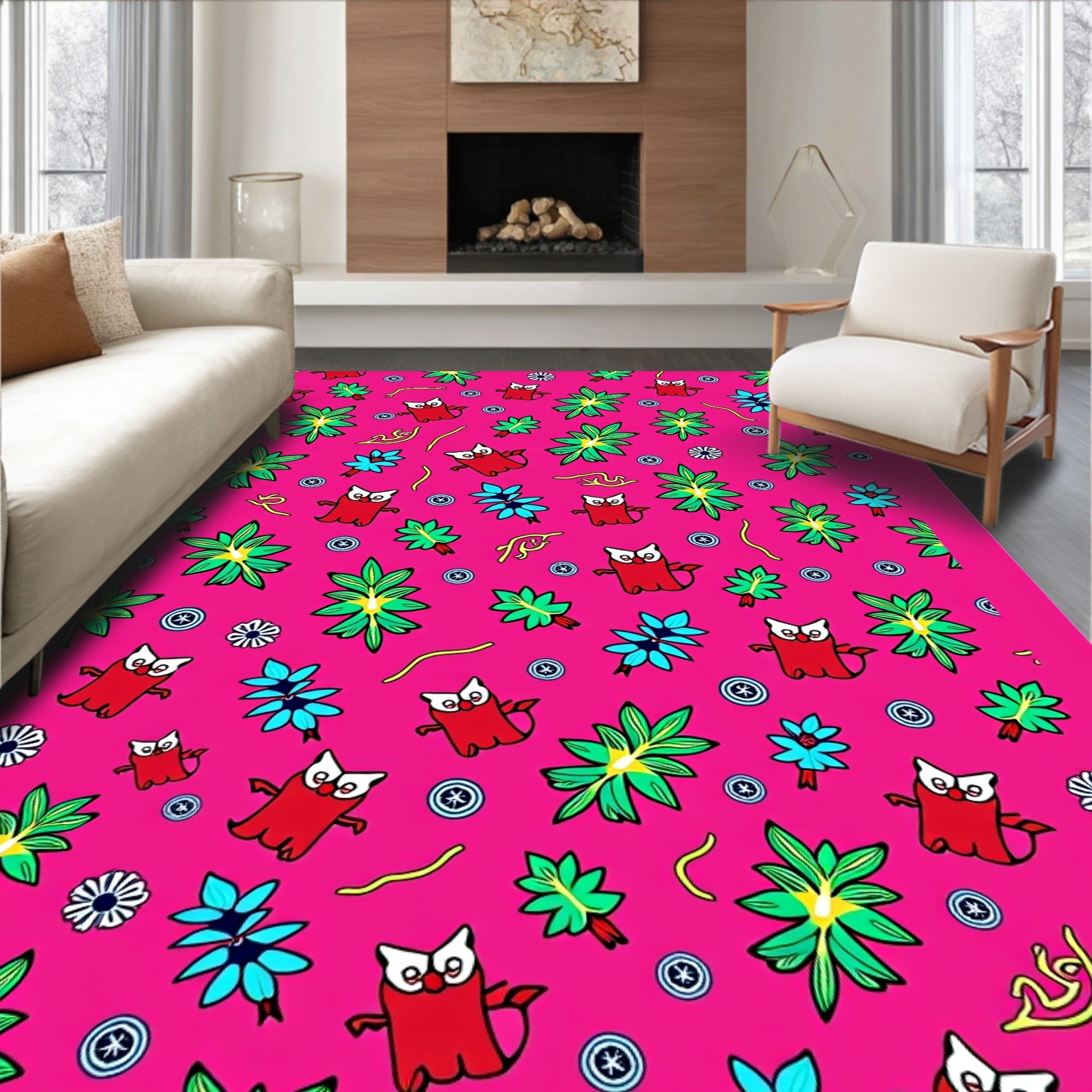 Whimsical Red Bird Floral Pattern Rug