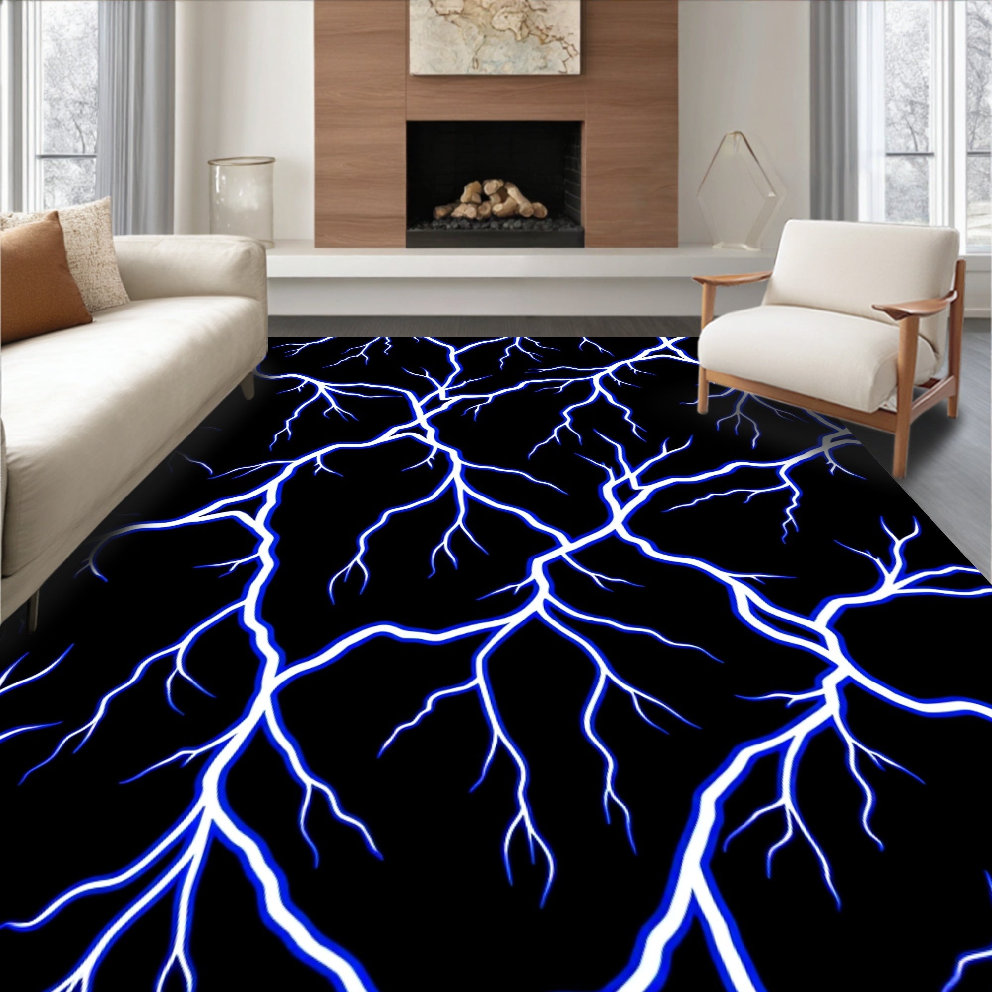 Electric Blue Lightning Bolt Pattern Rug