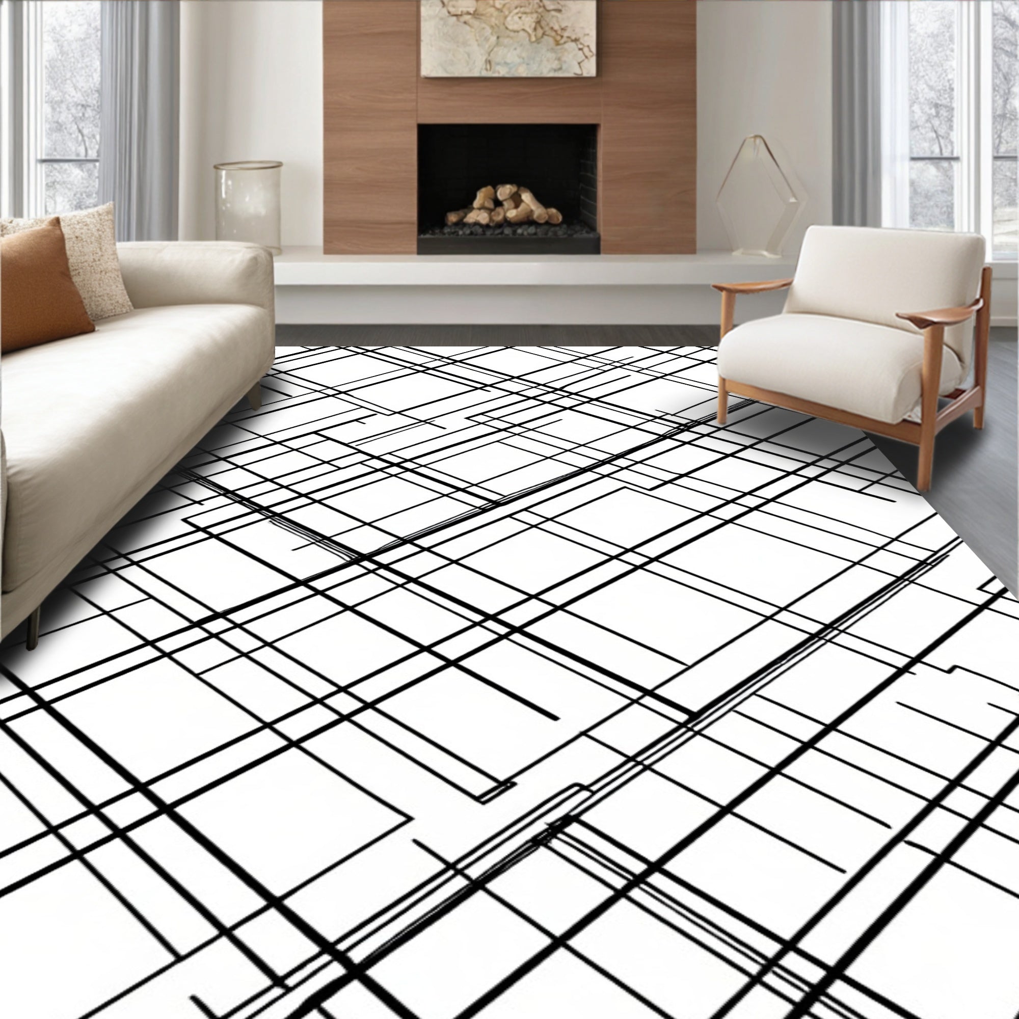 Black White Linear Geometric Design Rug