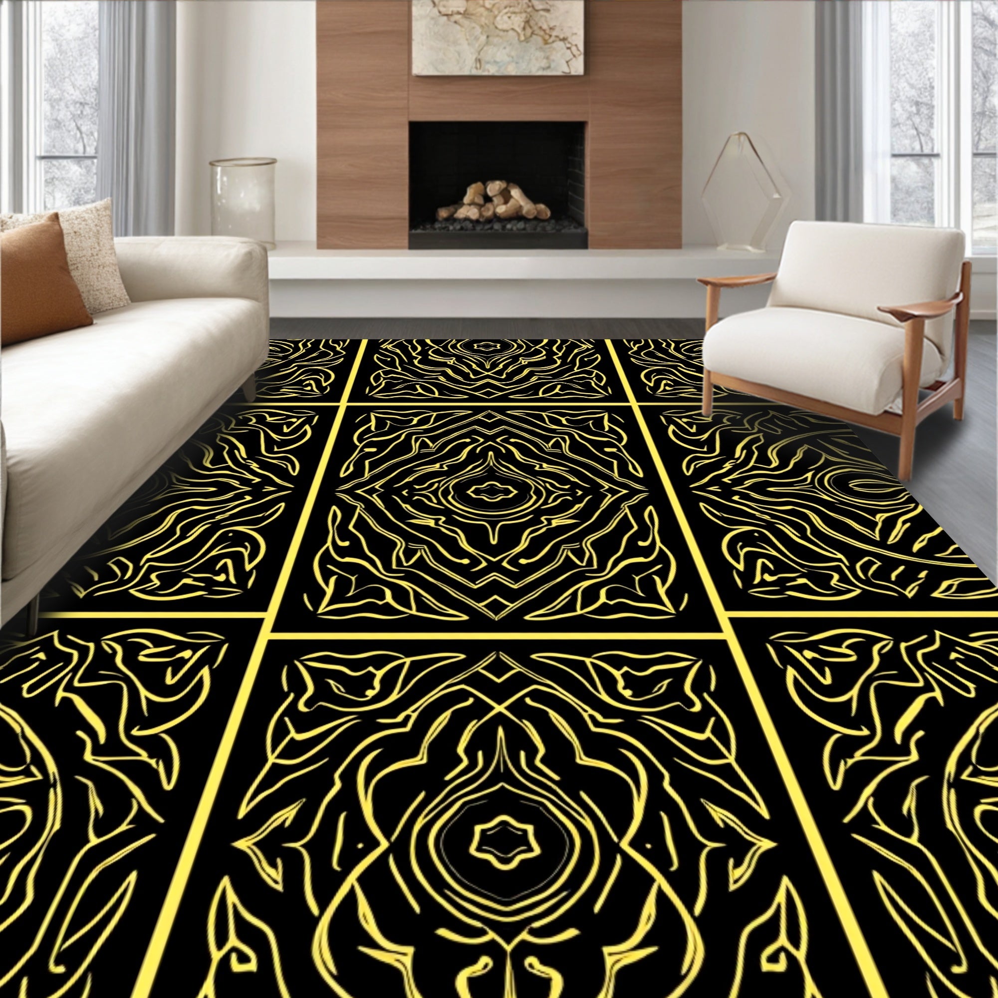Abstract Gold With Black Symmetry Rug