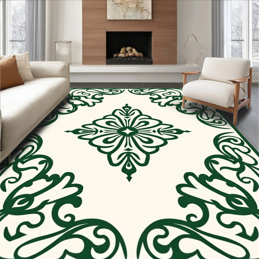Elegant Emerald Leaf Scroll Design Rug