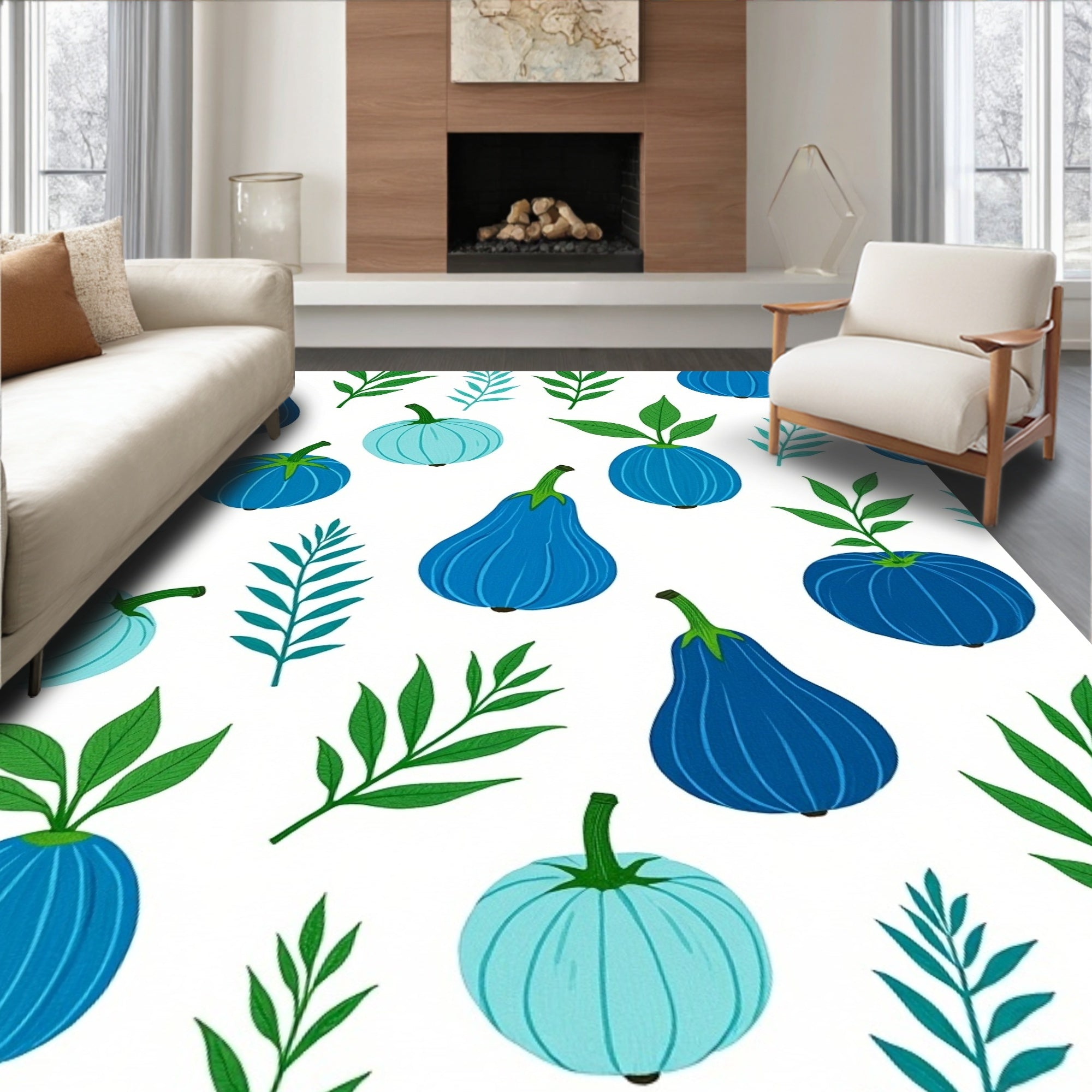 Blue Botanical Fruit Leaf Pattern Rug