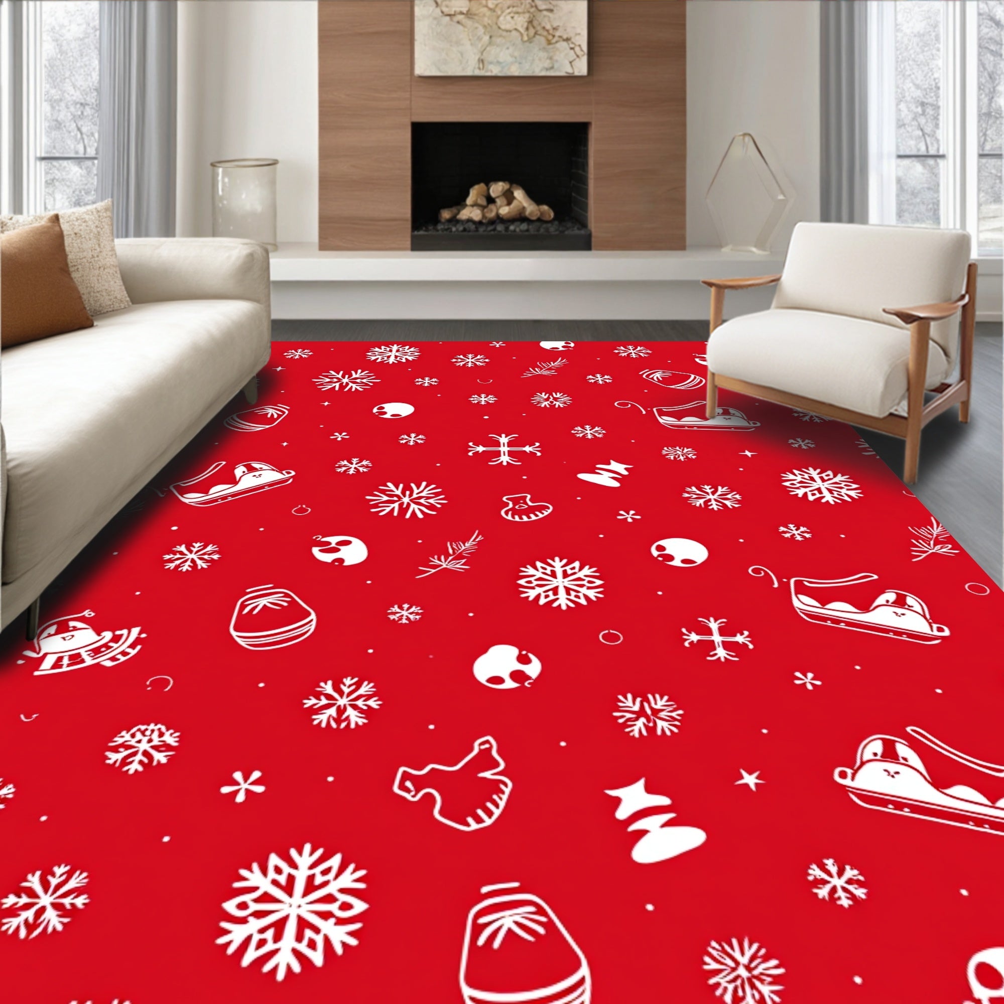 Whimsical Red Snowflakes Pattern Rug