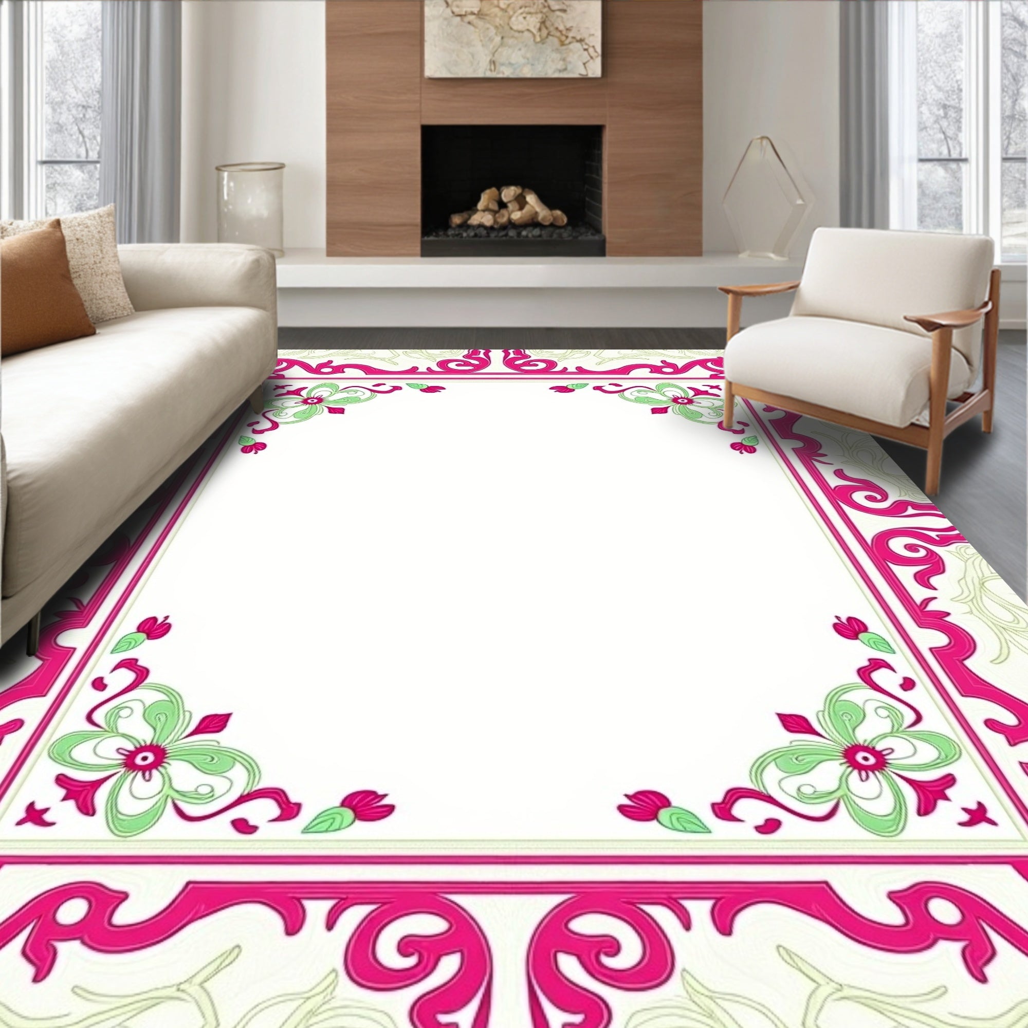 Ornate Floral Vine Border Design Rug