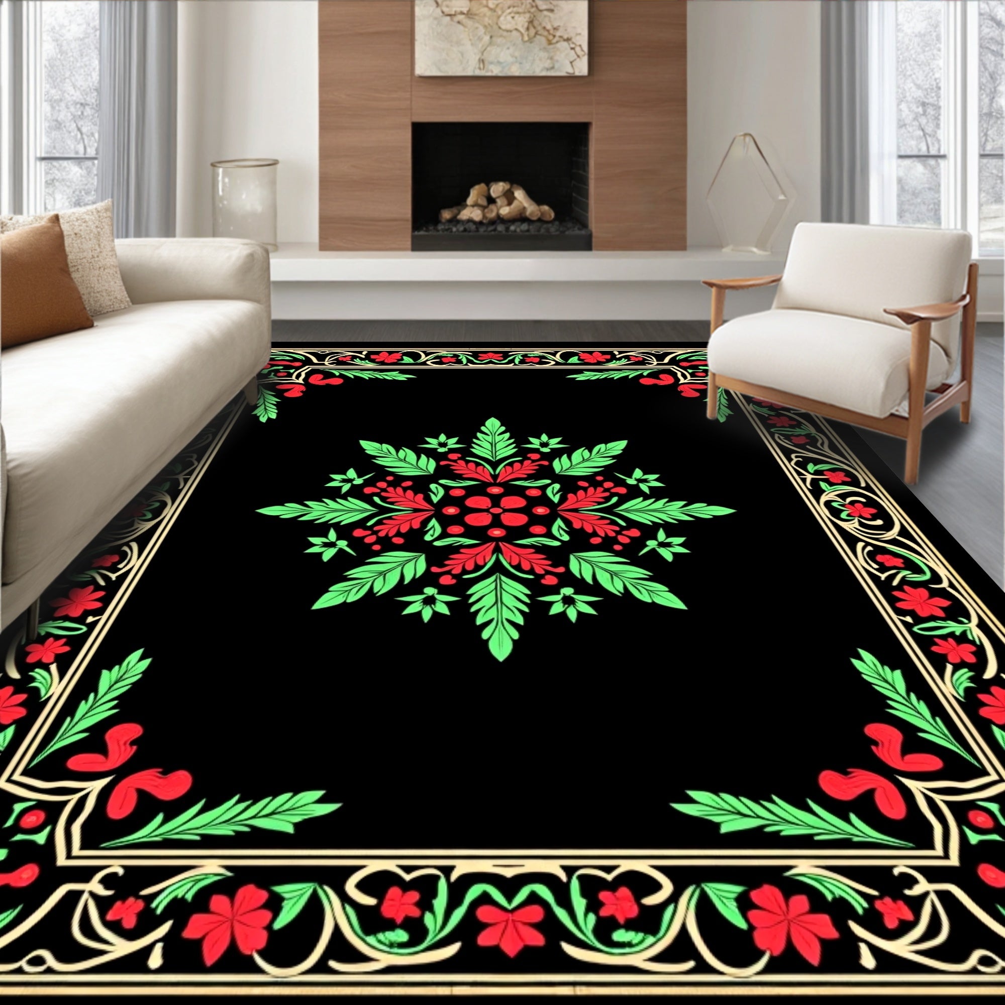 Ornate Floral Border and Centerpiece Rug