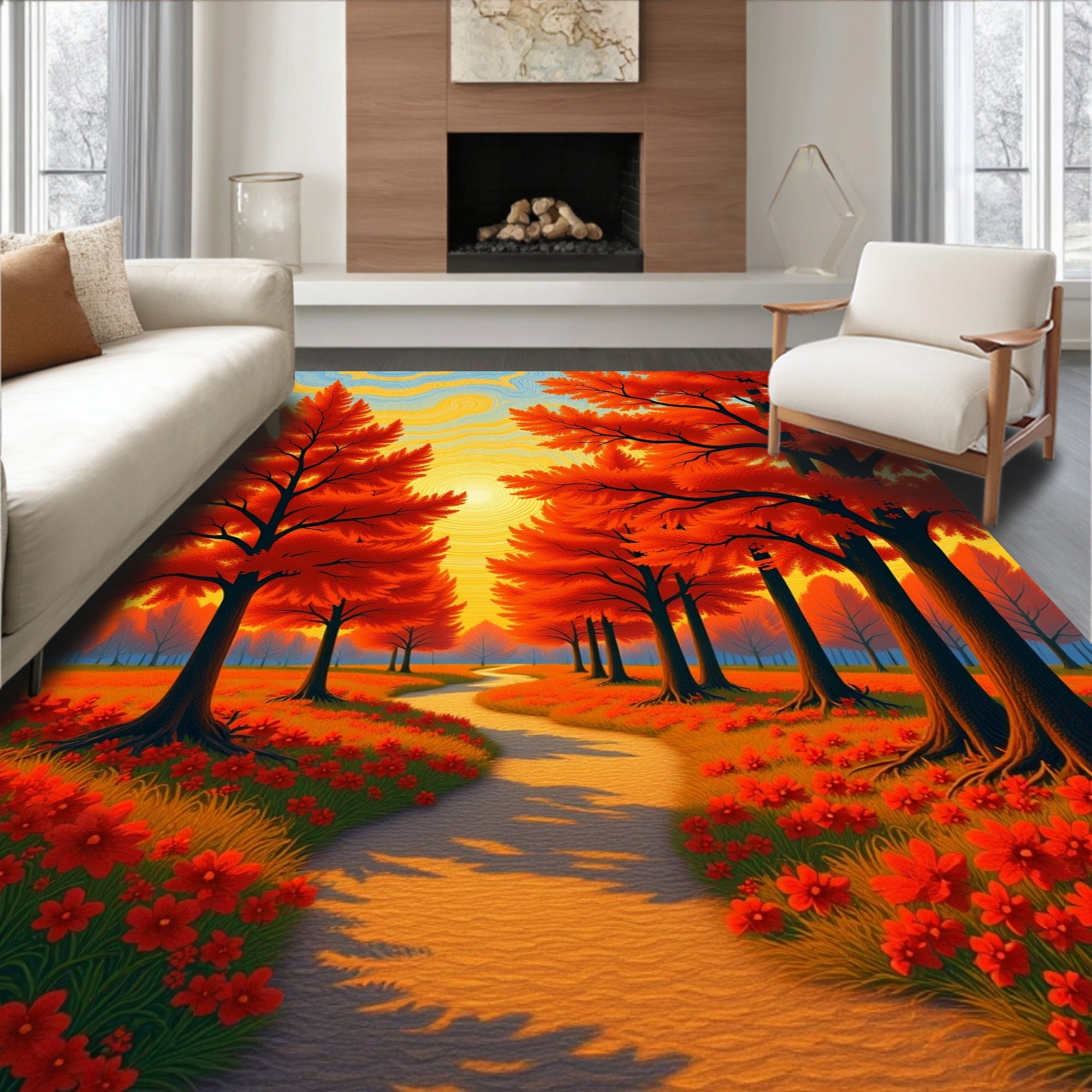 Autumn Forest Path With Red Flowers Rug