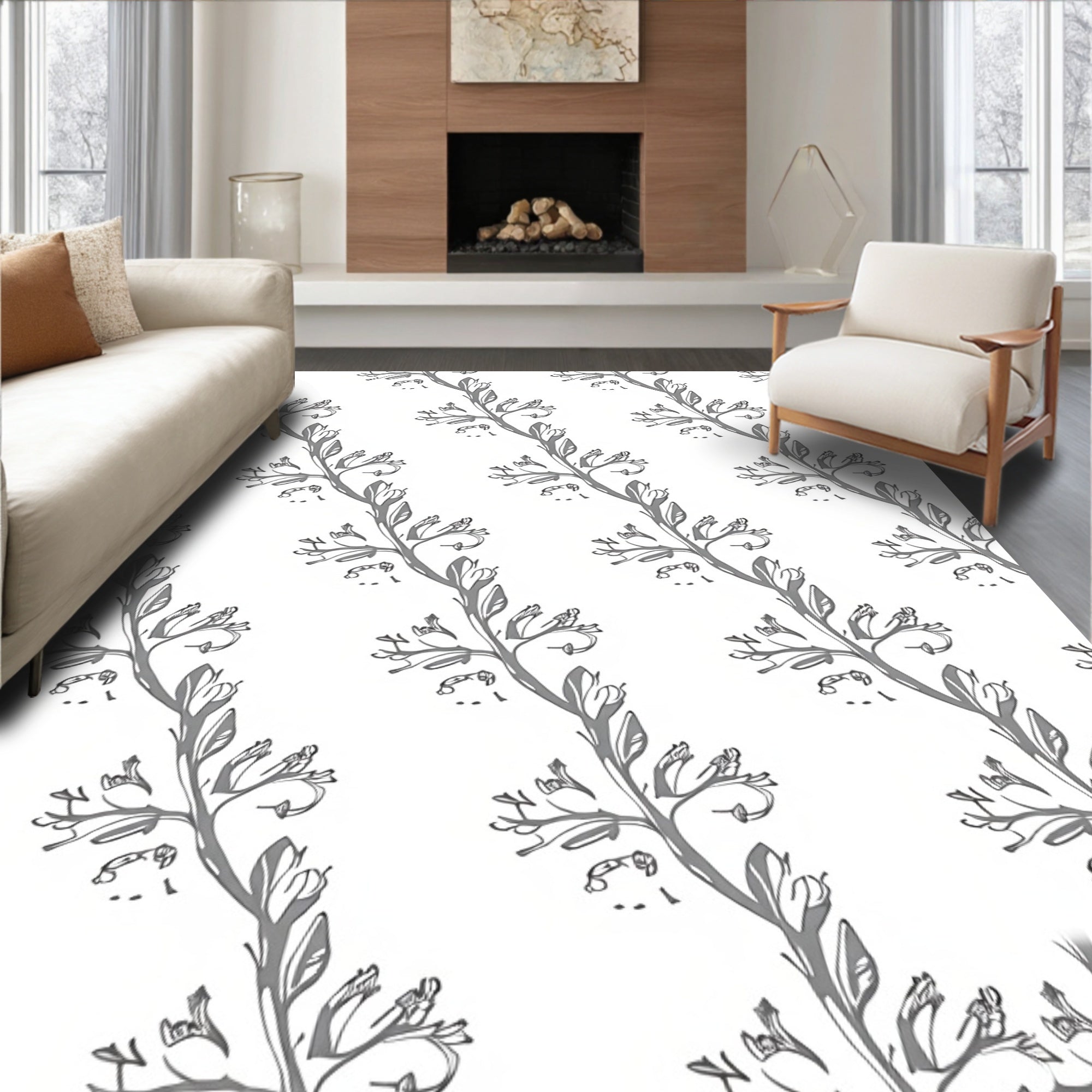 Delicate Botanical Branch Pattern Design Rug