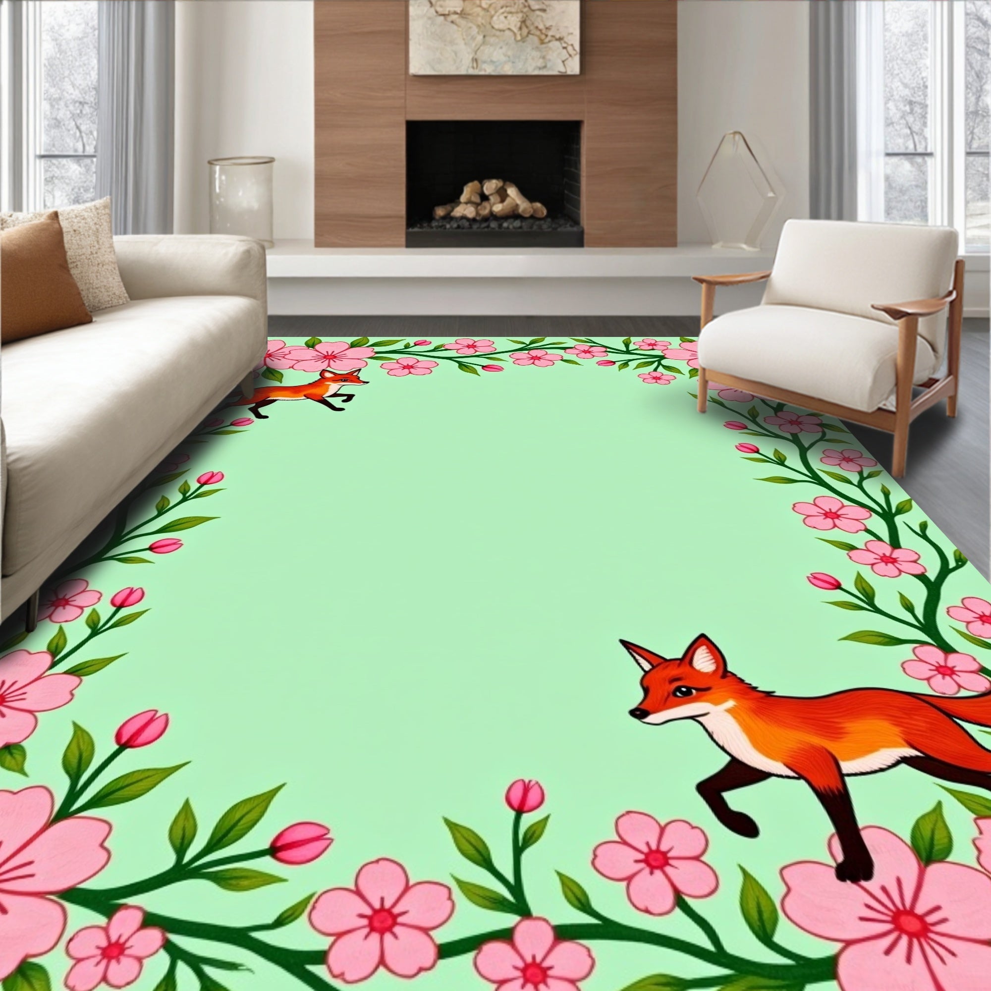 Playful Foxes Pink Blossoms Border Rug