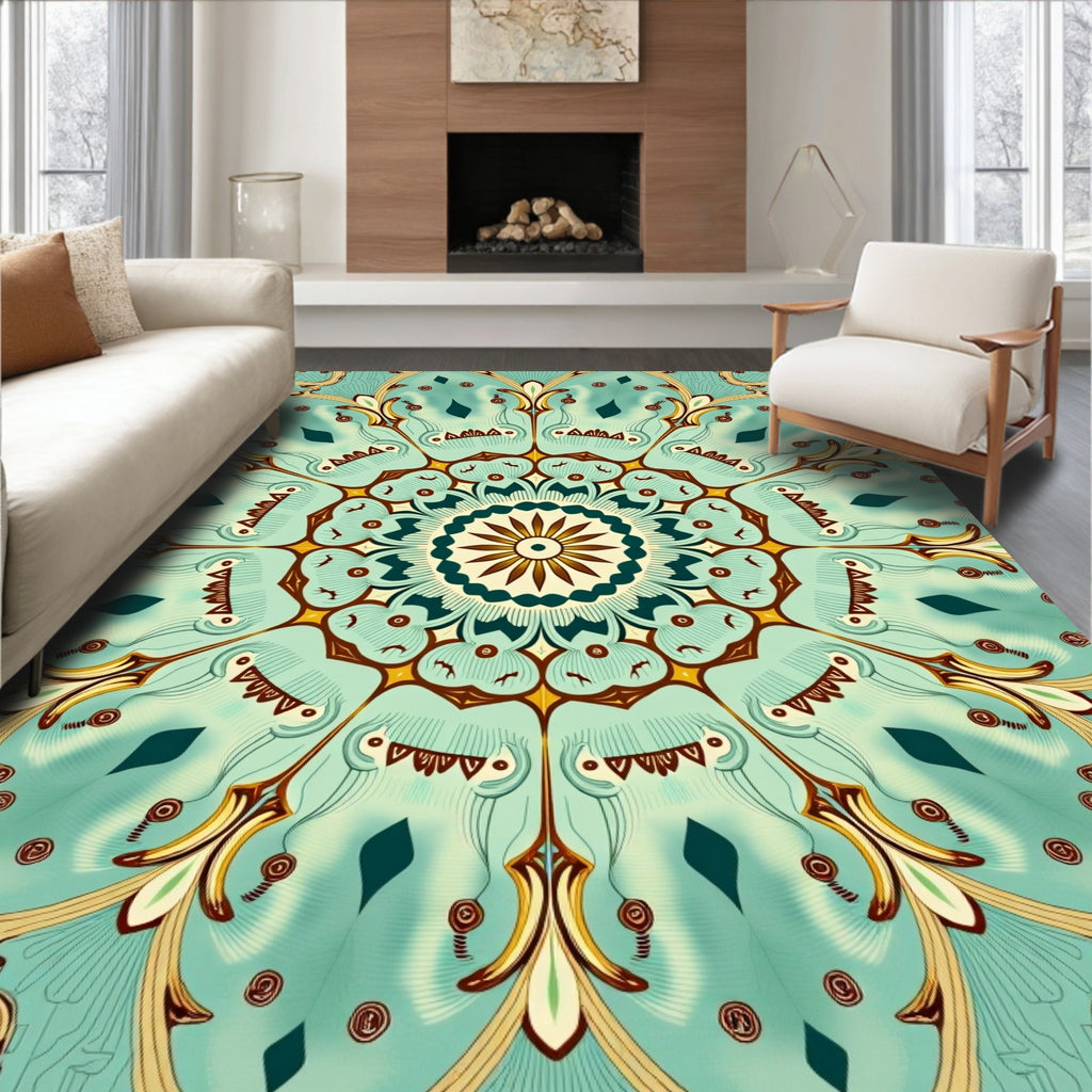 Intricate Teal Floral Mandala Pattern Rug