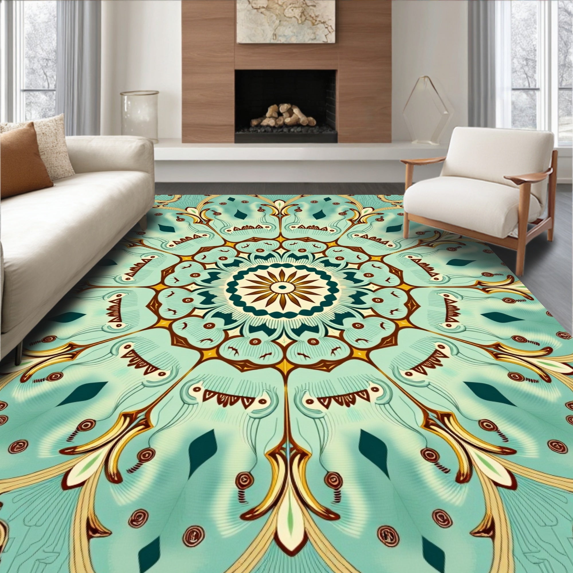 Intricate Teal Floral Mandala Pattern Rug