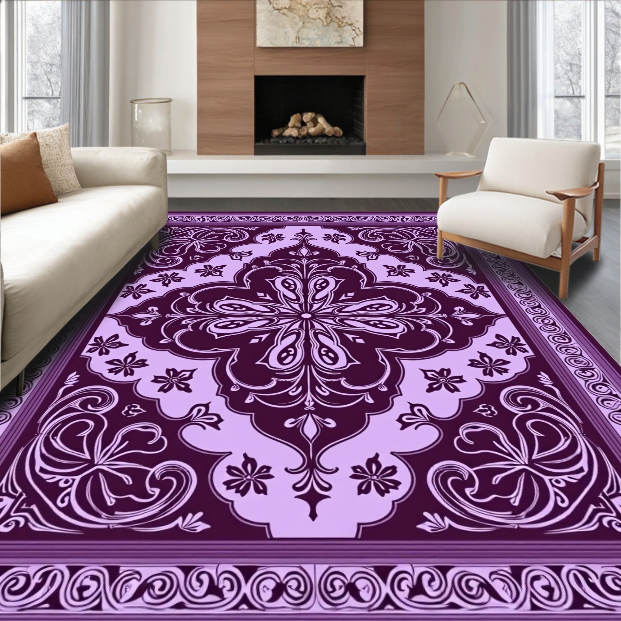 Ornate Violet Floral Patterned Rug