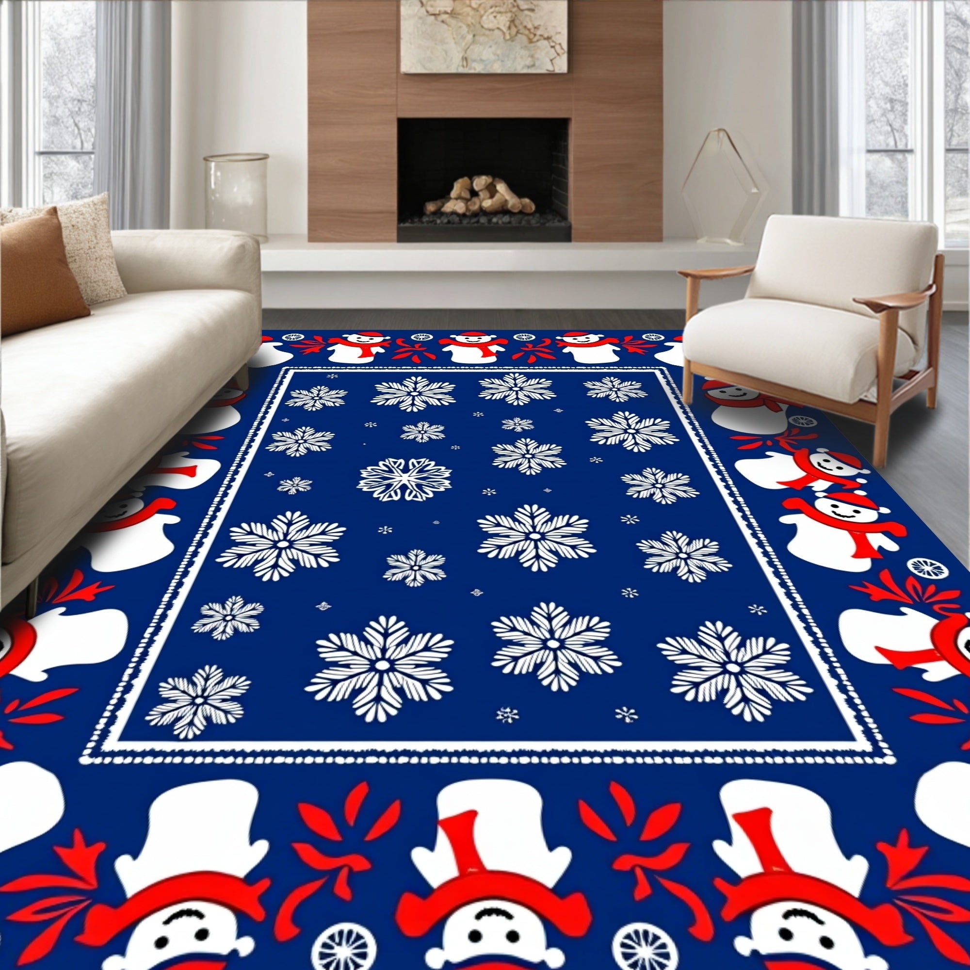 Festive Snowman Snowflake Border Design Rug