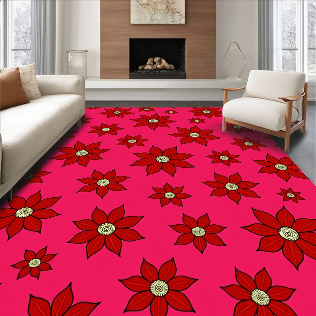 Bold Red Floral Pattern Design Rug