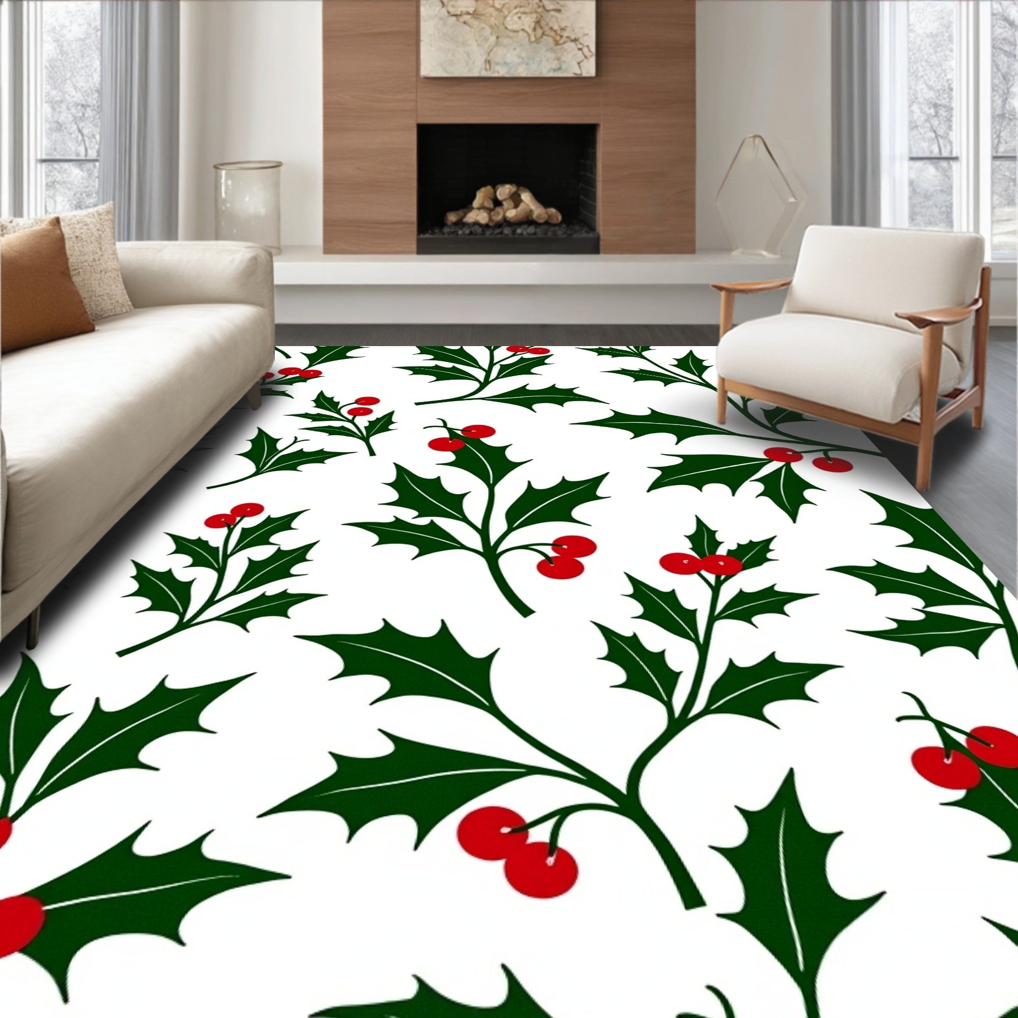 Festive Holly Berry Leaf Pattern Rug