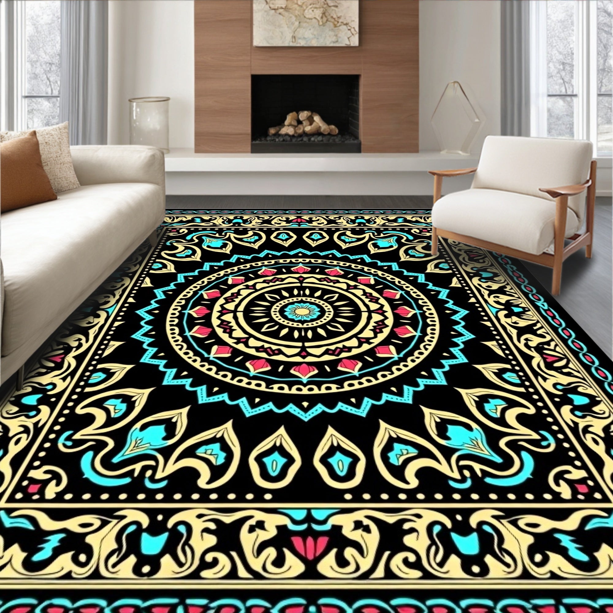 Ornate Black Mandala Floral Pattern Rug
