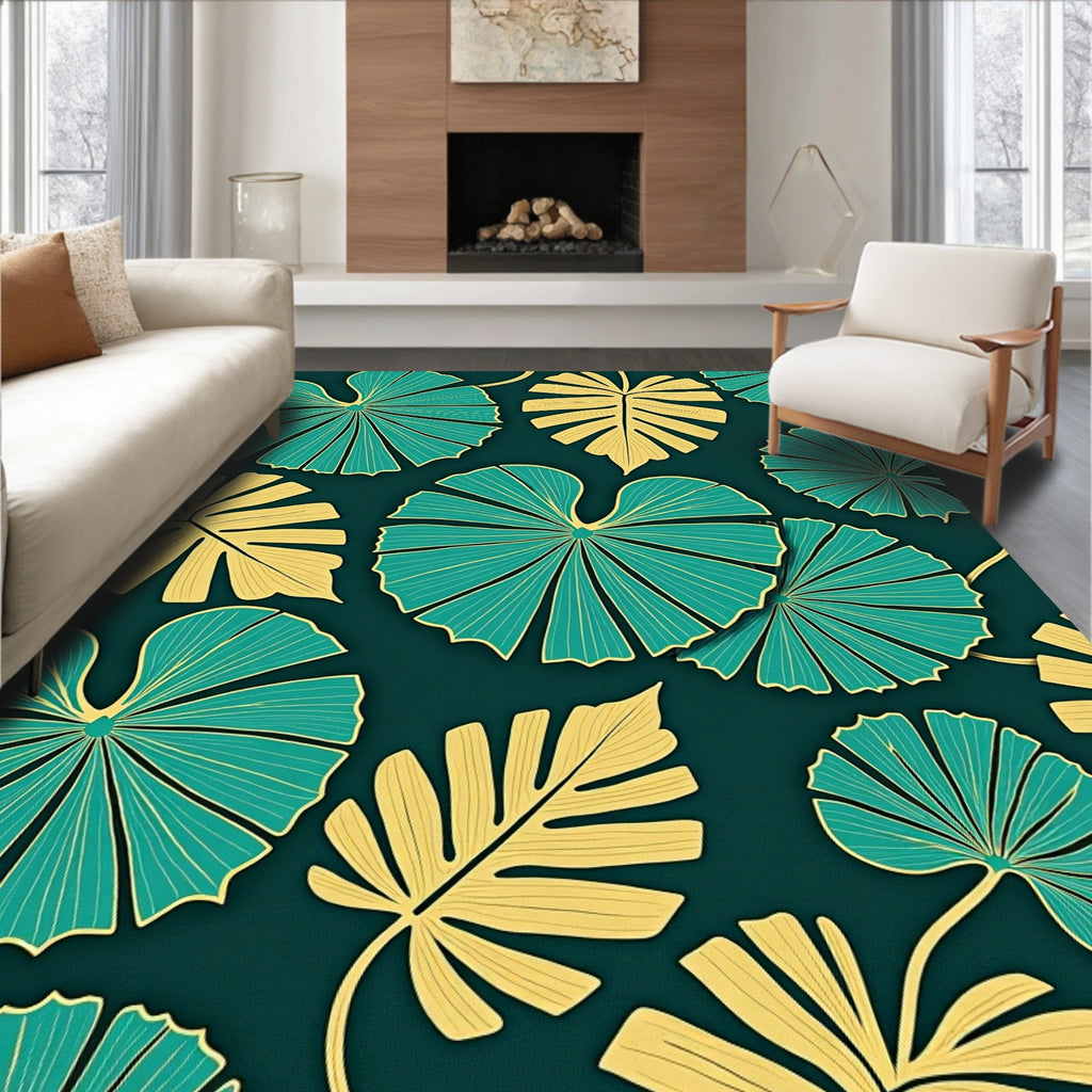 Teal Golden Tropical Leaf Arrangement Rug