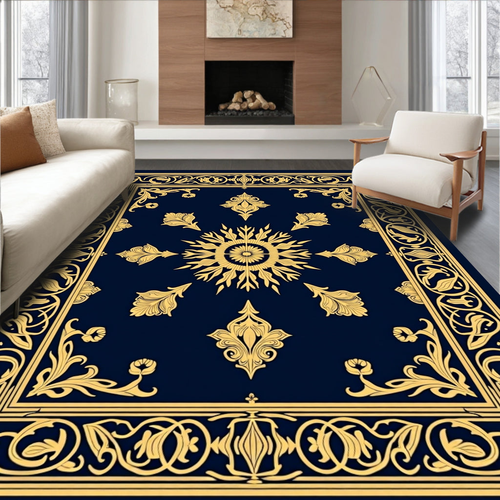 Elegant Gold Floral Dark Blue Rug